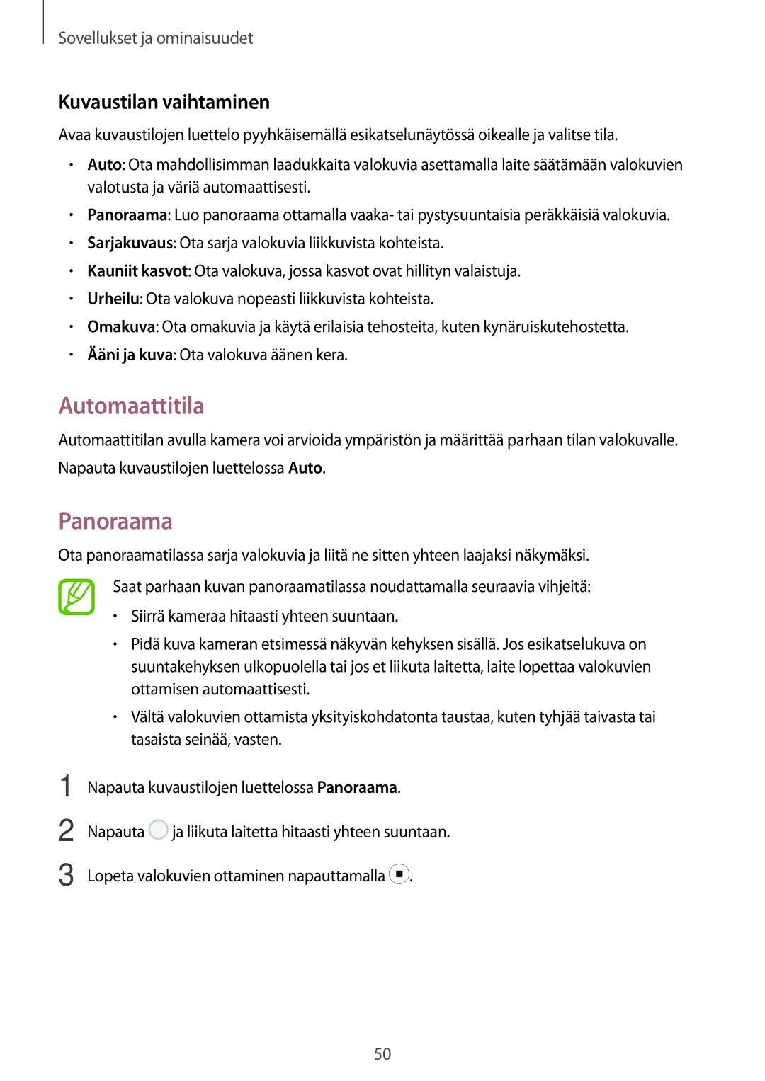 Samsung SM-P550NZBANEE, SM-P550NZWANEE, SM-P550NZAANEE, SM-T550NZWANEE Automaattitila, Panoraama, Kuvaustilan vaihtaminen 