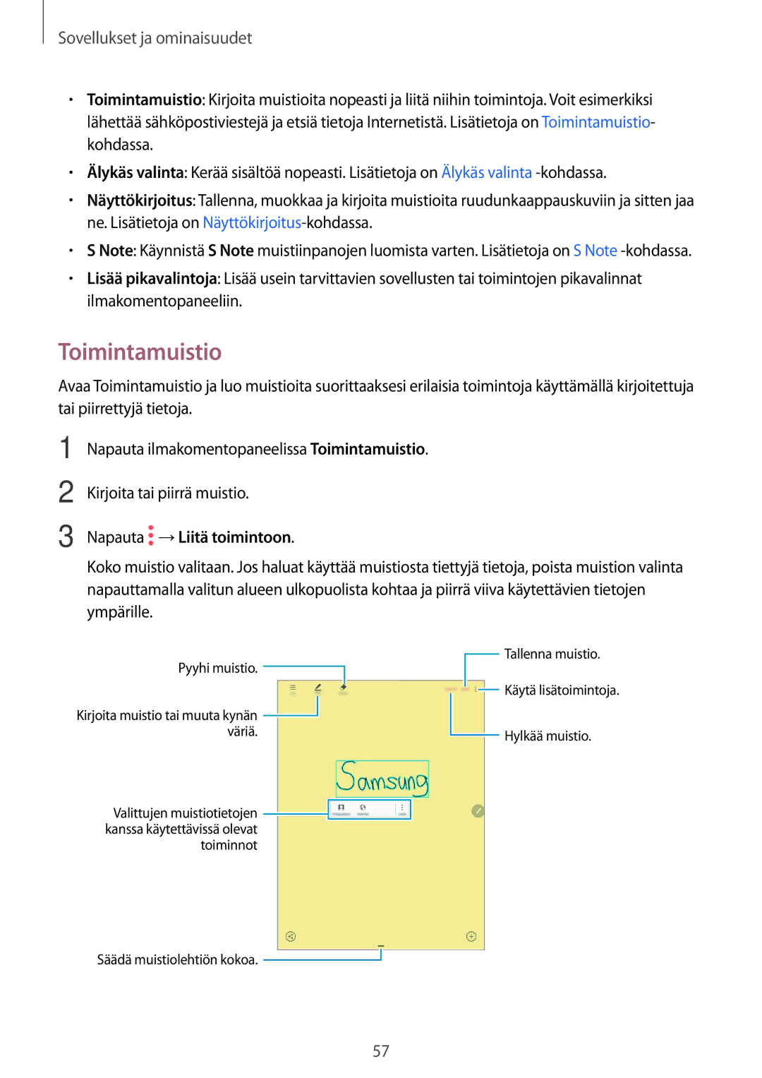 Samsung SM-P550NZAANEE, SM-P550NZWANEE, SM-P550NZBANEE, SM-T550NZWANEE manual Toimintamuistio, Napauta →Liitä toimintoon 