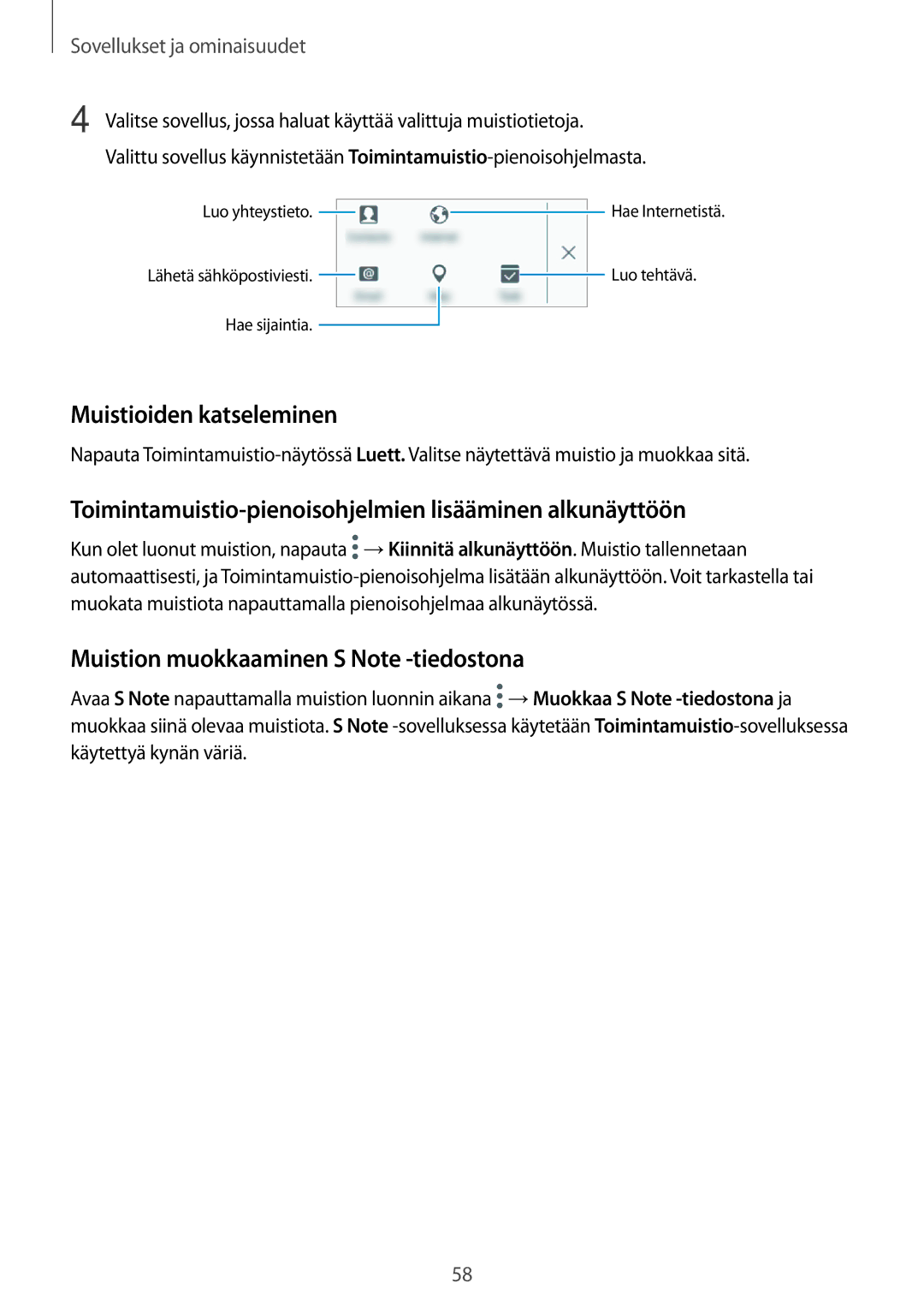 Samsung SM-P550NZBANEE, SM-P550NZWANEE Muistioiden katseleminen, Toimintamuistio-pienoisohjelmien lisääminen alkunäyttöön 