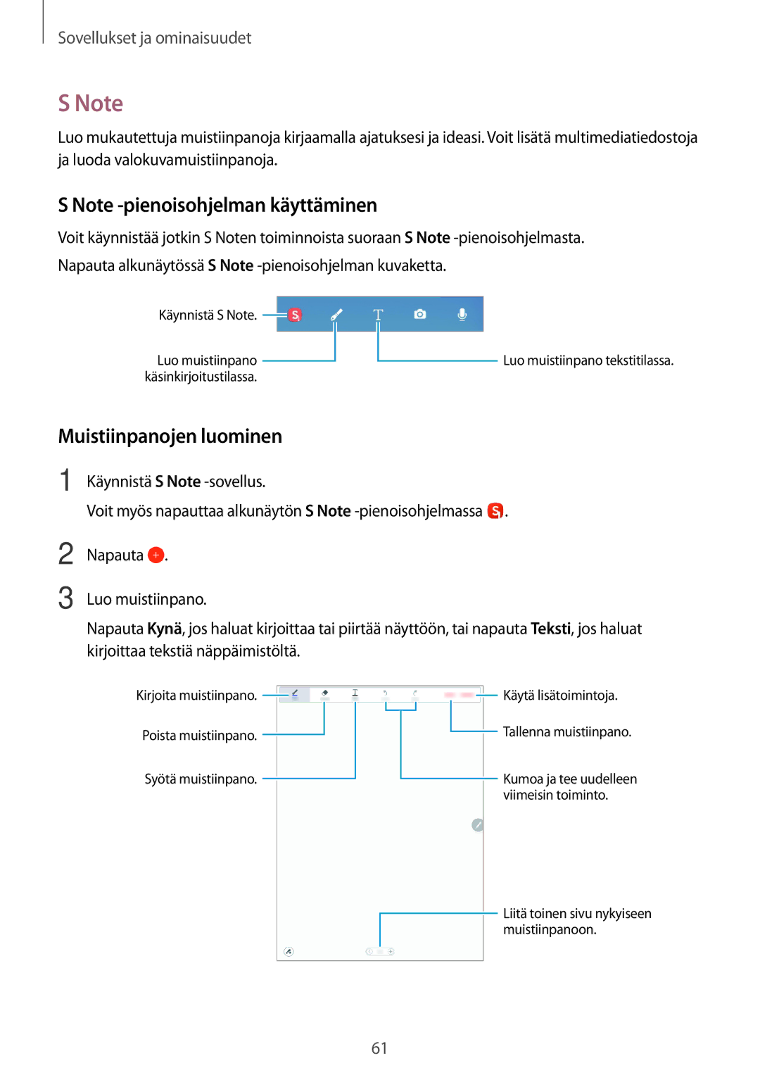 Samsung SM-P550NZAANEE, SM-P550NZWANEE, SM-P550NZBANEE, SM-T550NZWANEE manual Muistiinpanojen luominen 