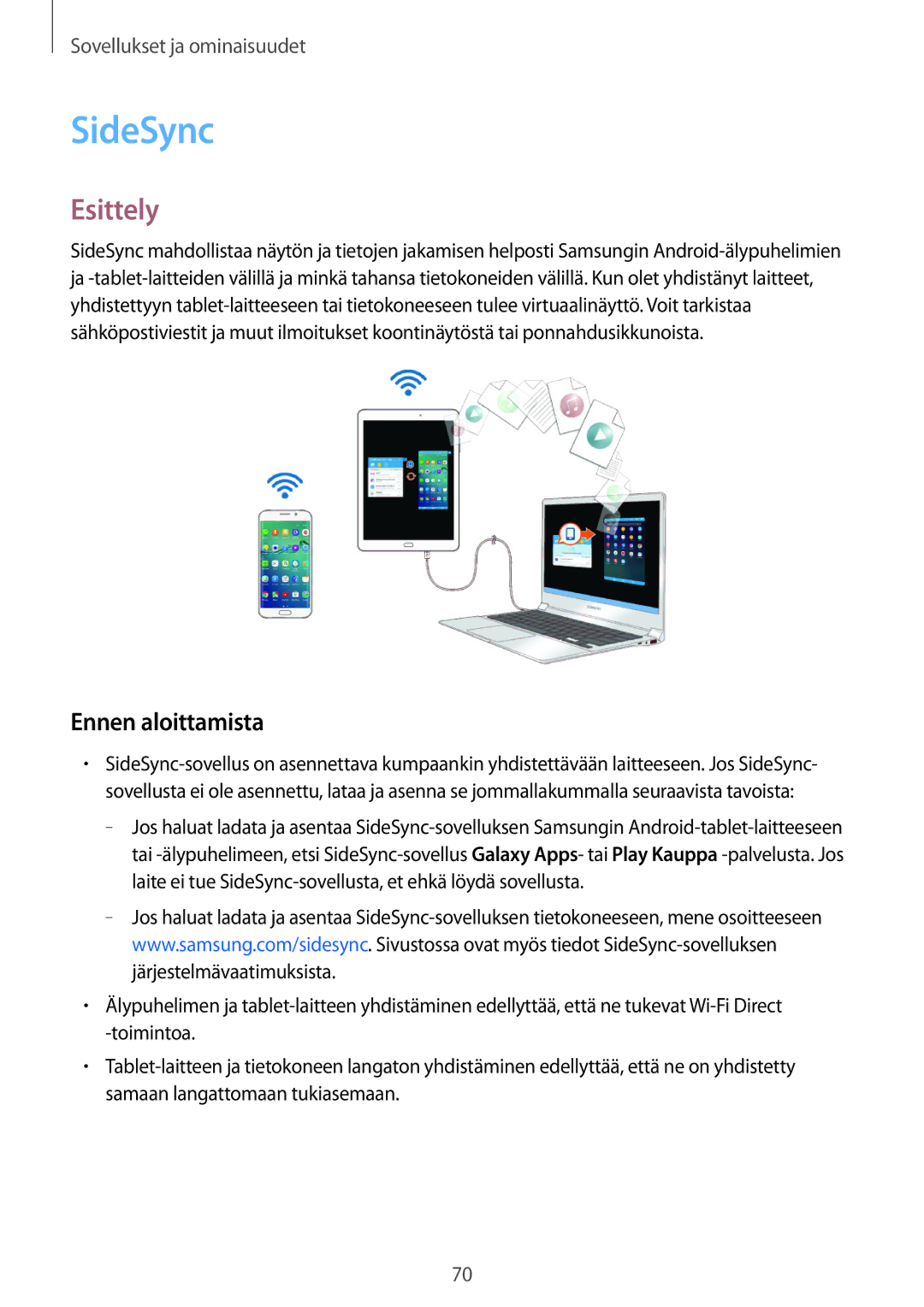 Samsung SM-P550NZBANEE, SM-P550NZWANEE, SM-P550NZAANEE, SM-T550NZWANEE manual SideSync, Ennen aloittamista 