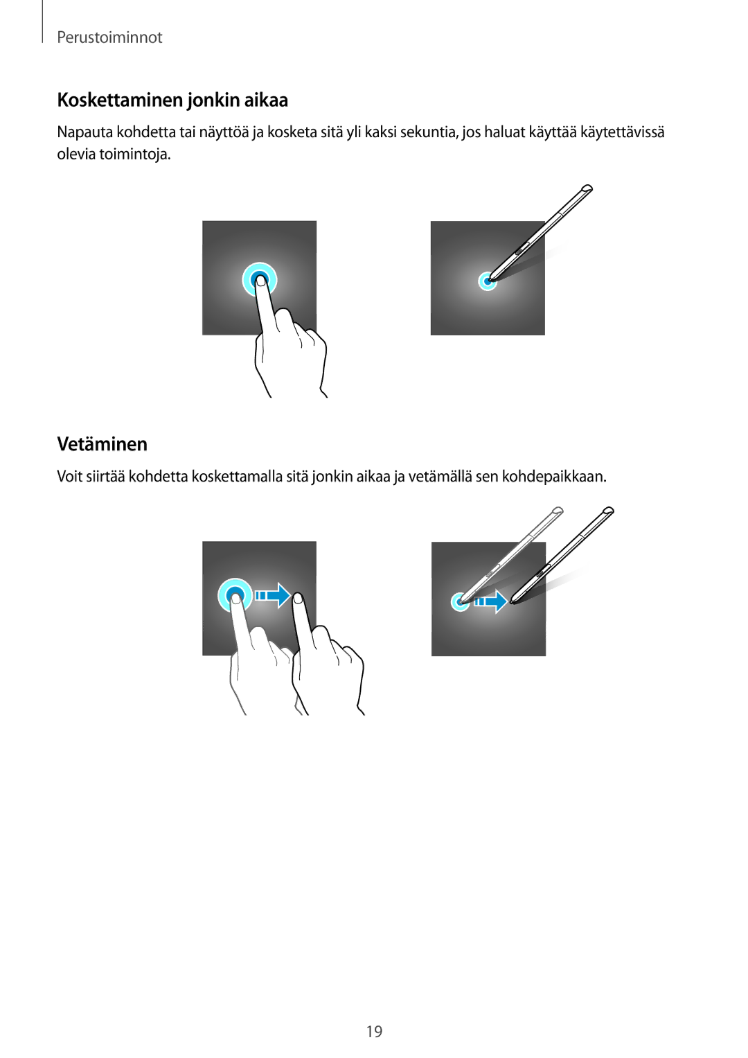 Samsung SM-T550NZWANEE, SM-P550NZWANEE, SM-P550NZAANEE, SM-P550NZBANEE manual Koskettaminen jonkin aikaa, Vetäminen 