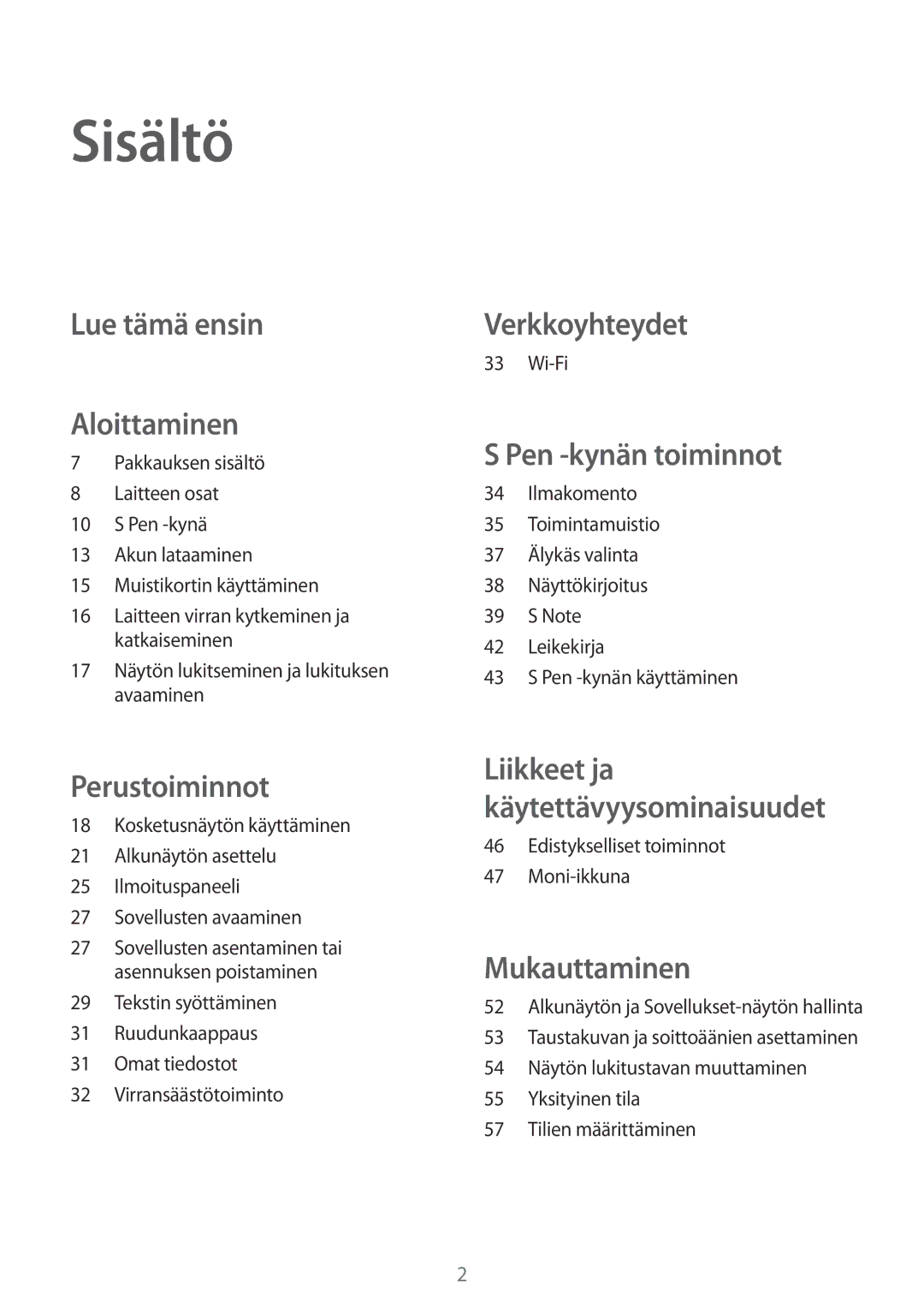 Samsung SM-P550NZBANEE, SM-P550NZWANEE, SM-P550NZAANEE, SM-T550NZWANEE manual Sisältö, Lue tämä ensin Aloittaminen 