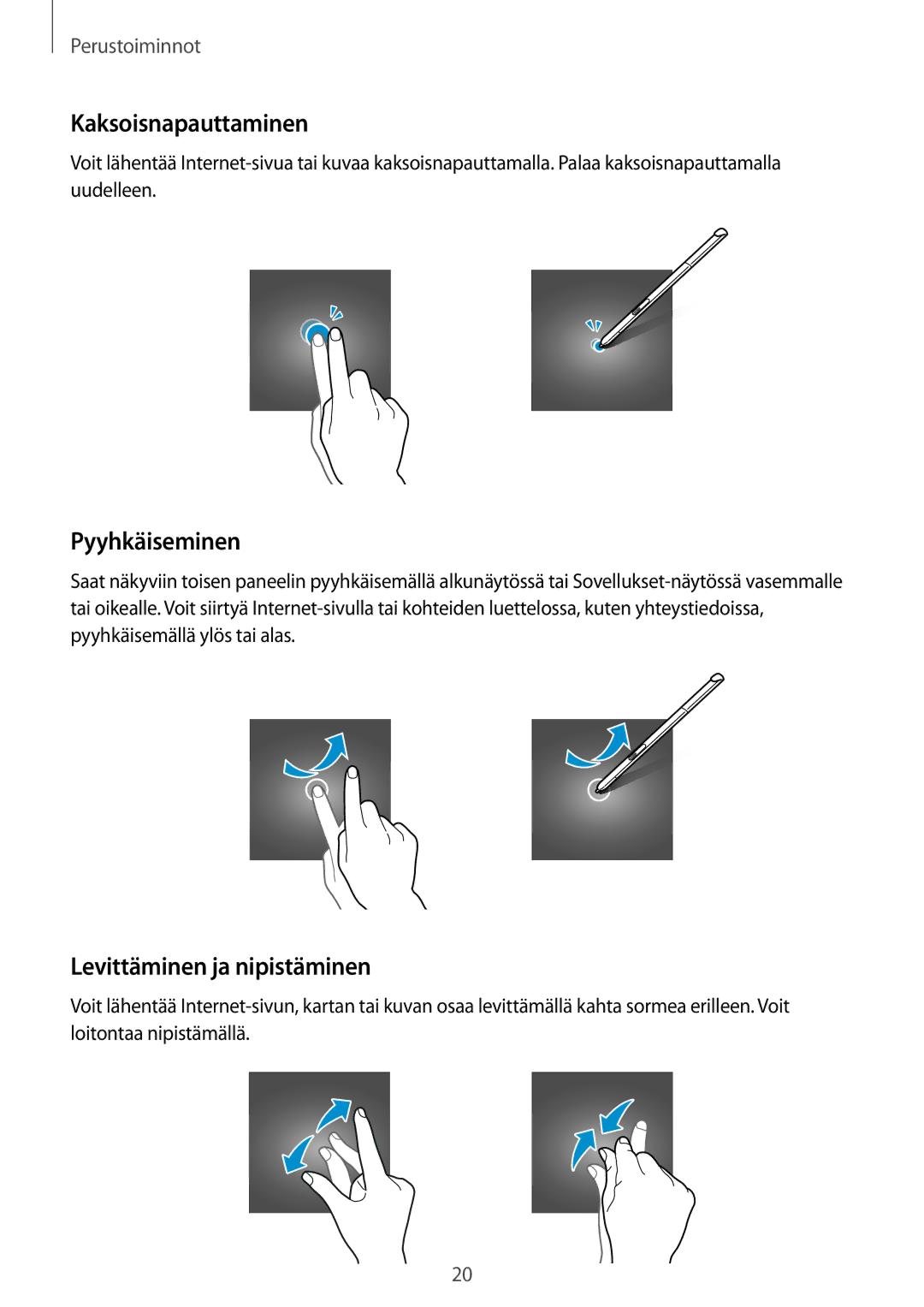 Samsung SM-P550NZWANEE, SM-P550NZAANEE, SM-P550NZBANEE Kaksoisnapauttaminen, Pyyhkäiseminen, Levittäminen ja nipistäminen 