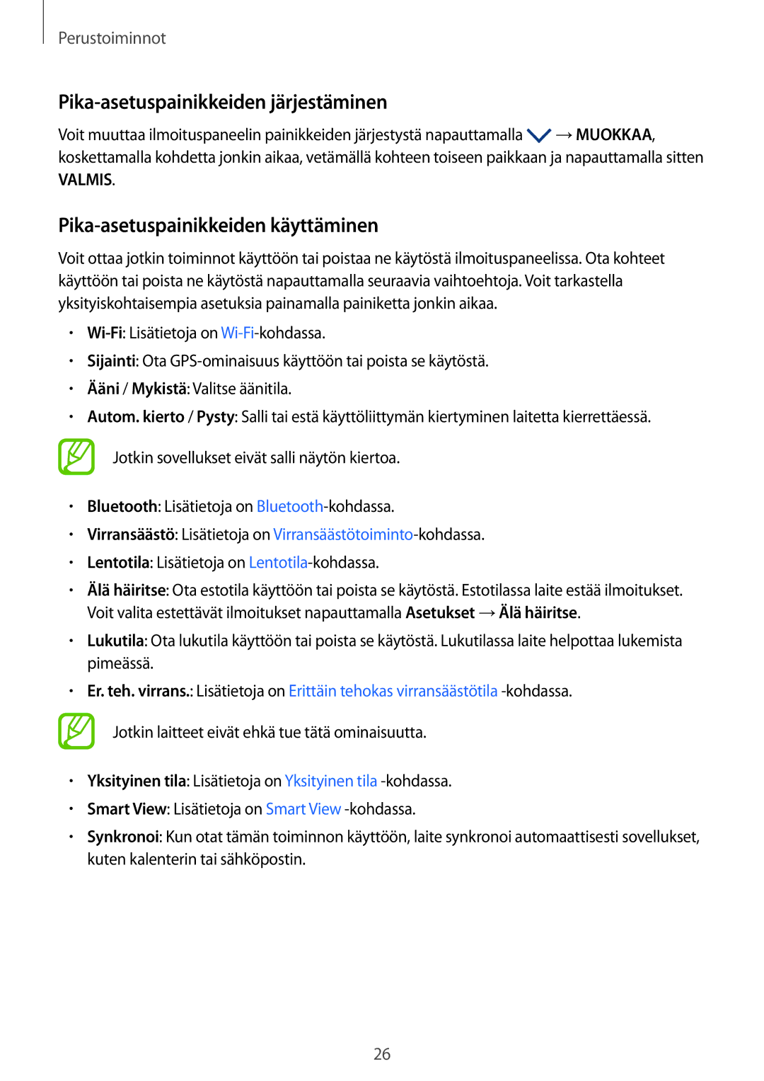 Samsung SM-P550NZBANEE, SM-P550NZWANEE manual Pika-asetuspainikkeiden järjestäminen, Pika-asetuspainikkeiden käyttäminen 