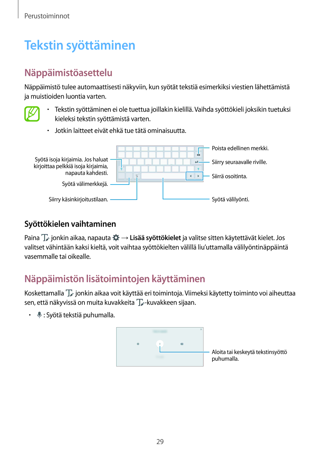 Samsung SM-P550NZAANEE, SM-P550NZWANEE Tekstin syöttäminen, Näppäimistöasettelu, Näppäimistön lisätoimintojen käyttäminen 