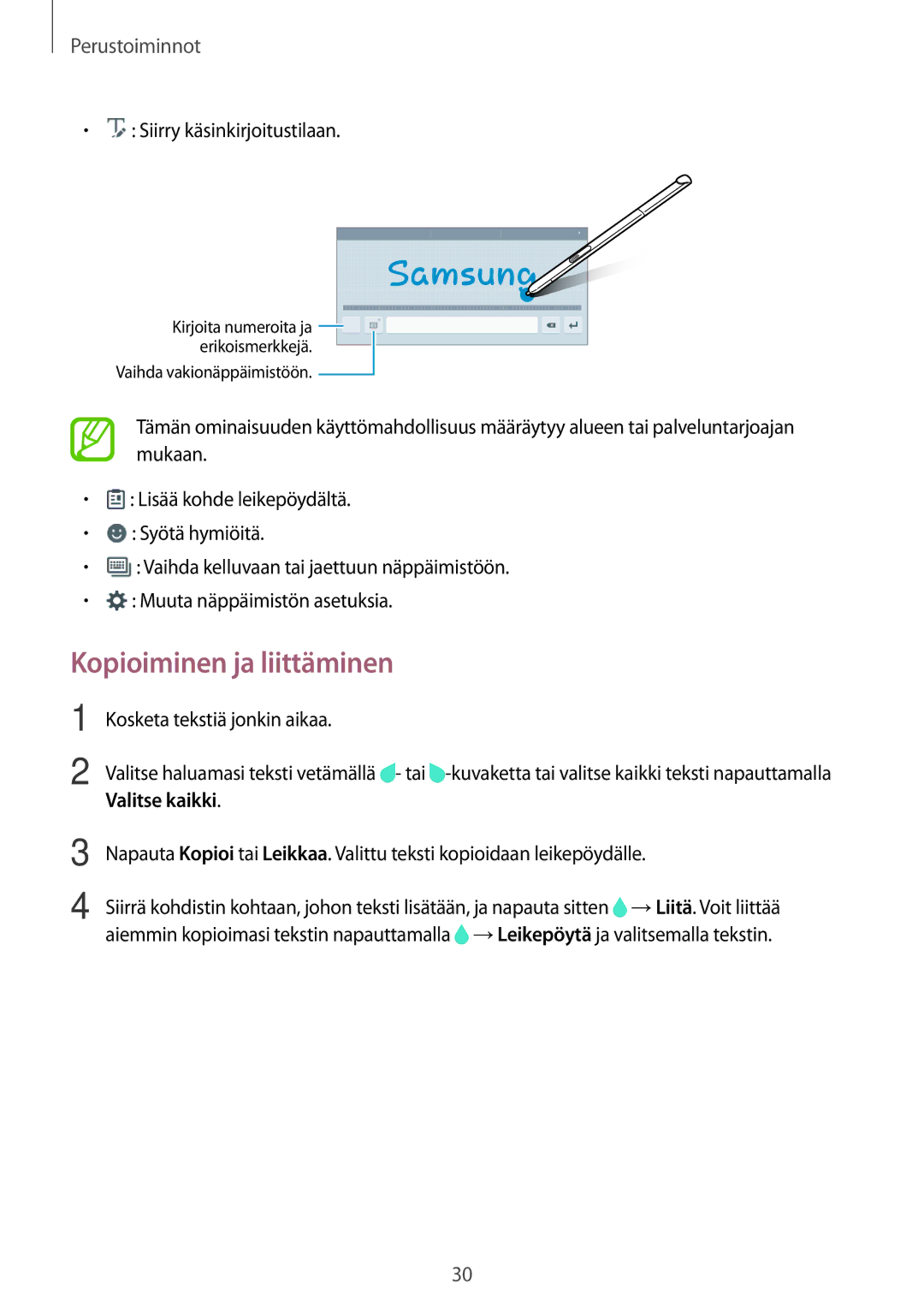 Samsung SM-P550NZBANEE, SM-P550NZWANEE, SM-P550NZAANEE, SM-T550NZWANEE manual Kopioiminen ja liittäminen, Valitse kaikki 