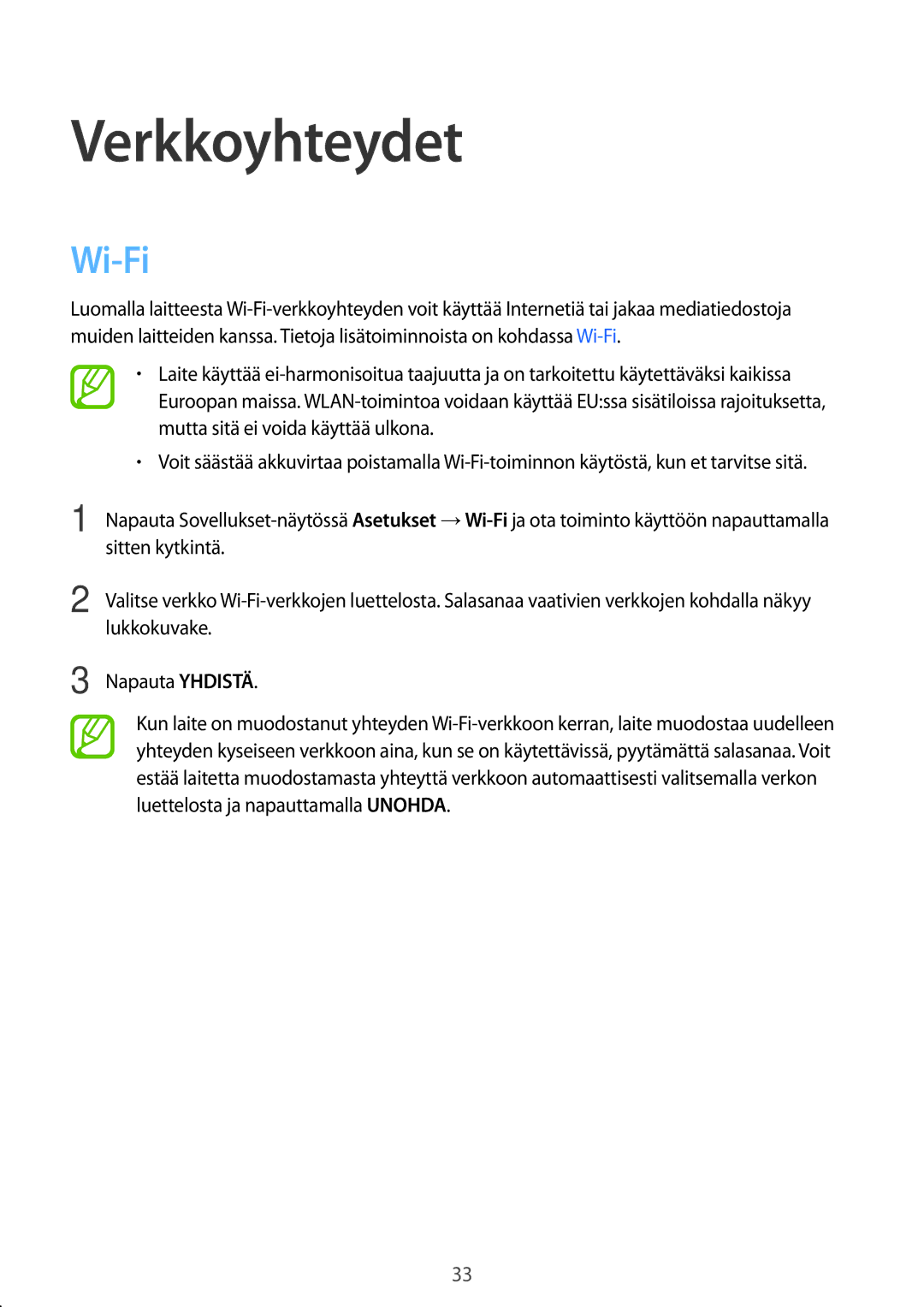 Samsung SM-P550NZAANEE, SM-P550NZWANEE, SM-P550NZBANEE, SM-T550NZWANEE manual Verkkoyhteydet, Wi-Fi 