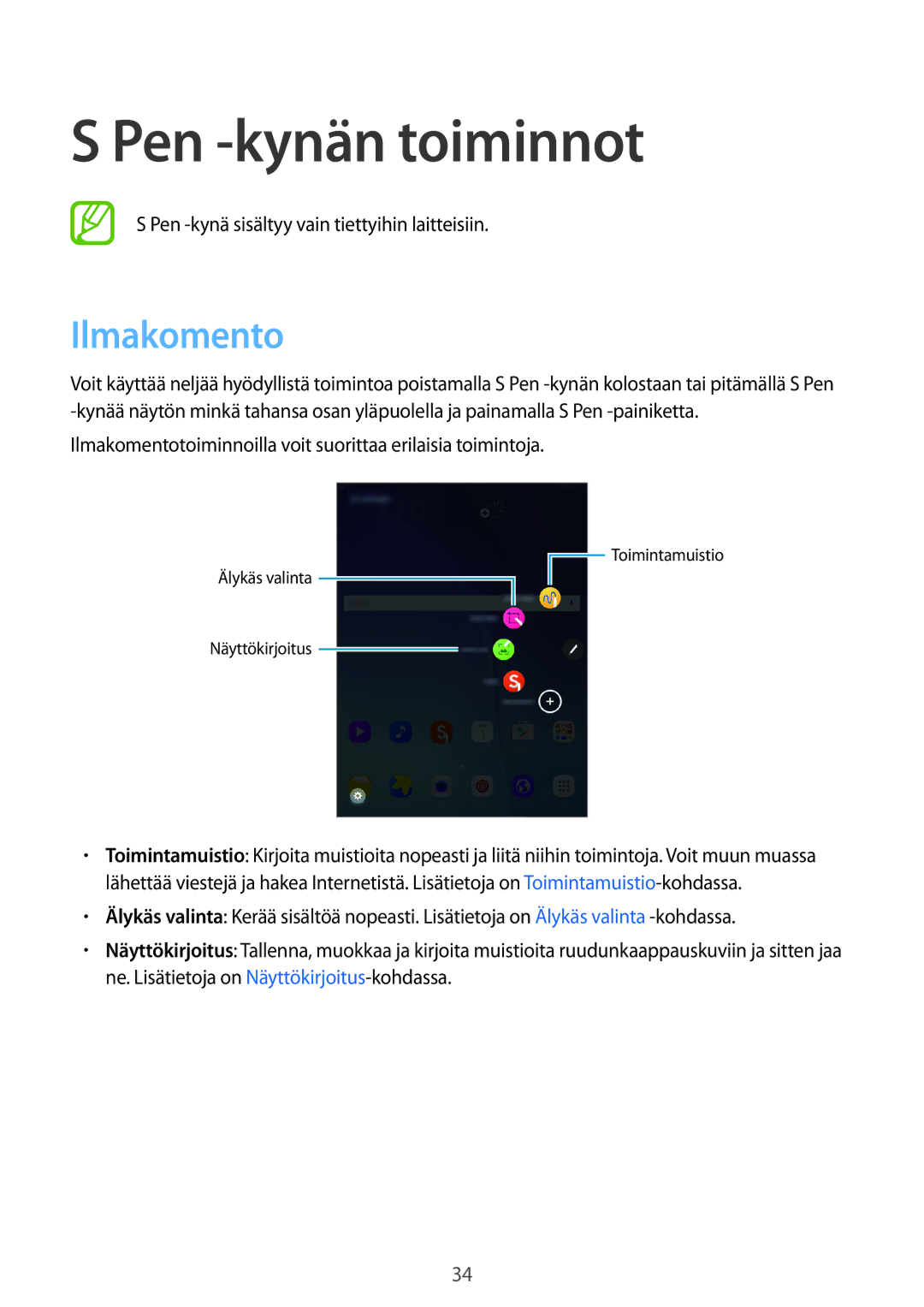 Samsung SM-P550NZBANEE, SM-P550NZWANEE, SM-P550NZAANEE, SM-T550NZWANEE manual Pen -kynän toiminnot, Ilmakomento 