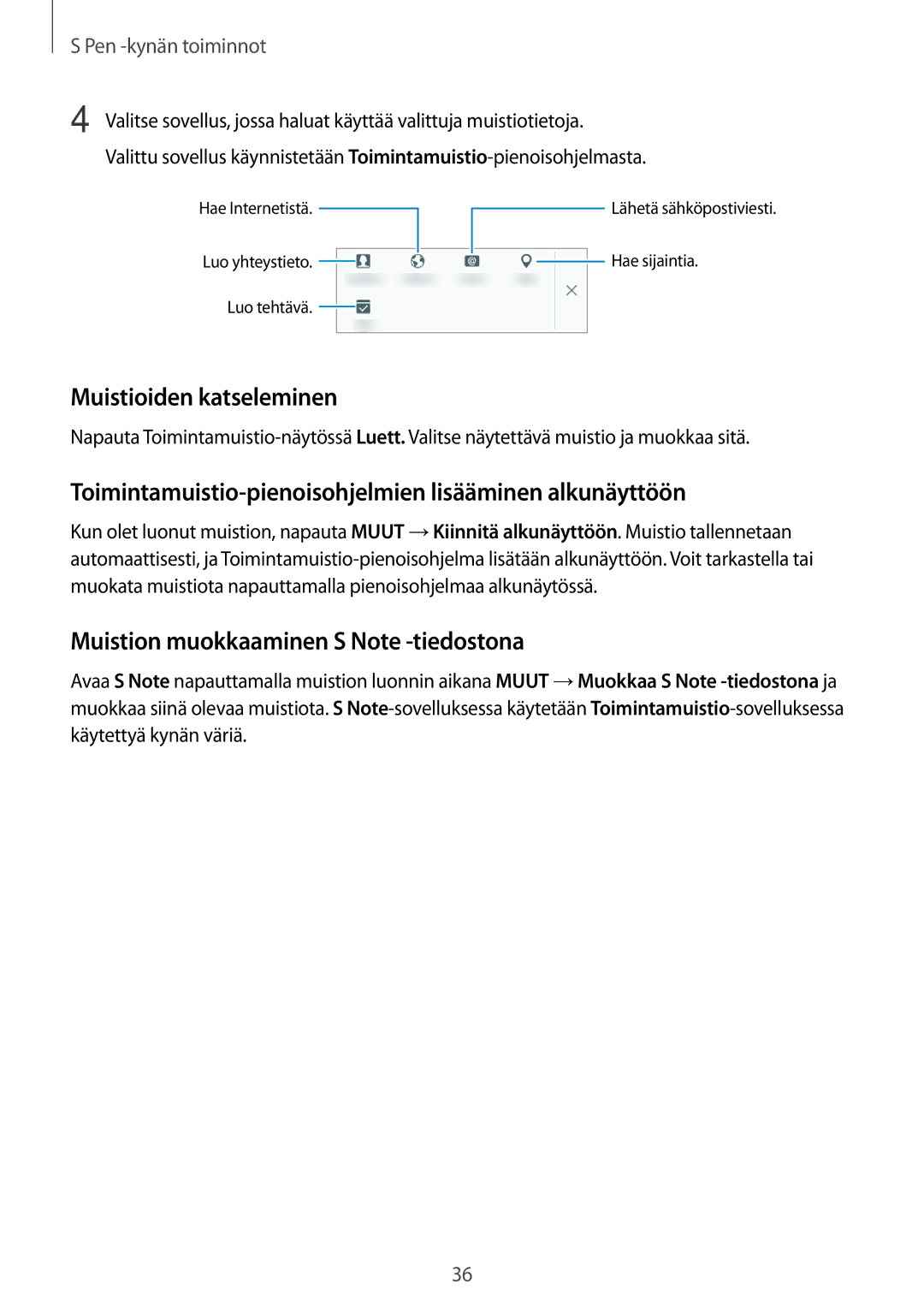 Samsung SM-P550NZWANEE, SM-P550NZAANEE Muistioiden katseleminen, Toimintamuistio-pienoisohjelmien lisääminen alkunäyttöön 