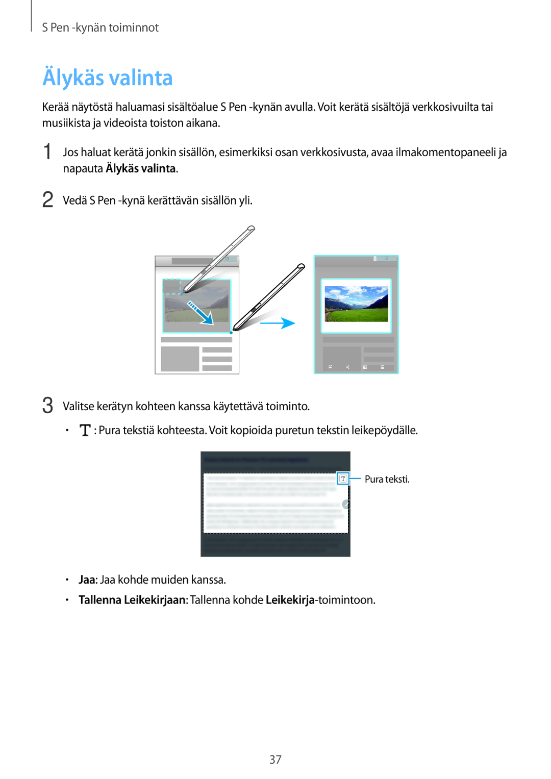 Samsung SM-P550NZAANEE manual Napauta Älykäs valinta, Tallenna Leikekirjaan Tallenna kohde Leikekirja-toimintoon 