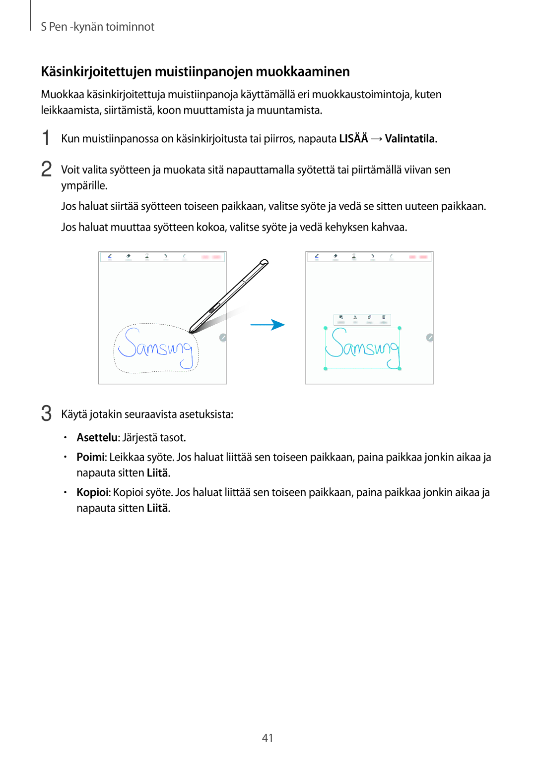 Samsung SM-P550NZAANEE, SM-P550NZWANEE, SM-P550NZBANEE, SM-T550NZWANEE manual Käsinkirjoitettujen muistiinpanojen muokkaaminen 