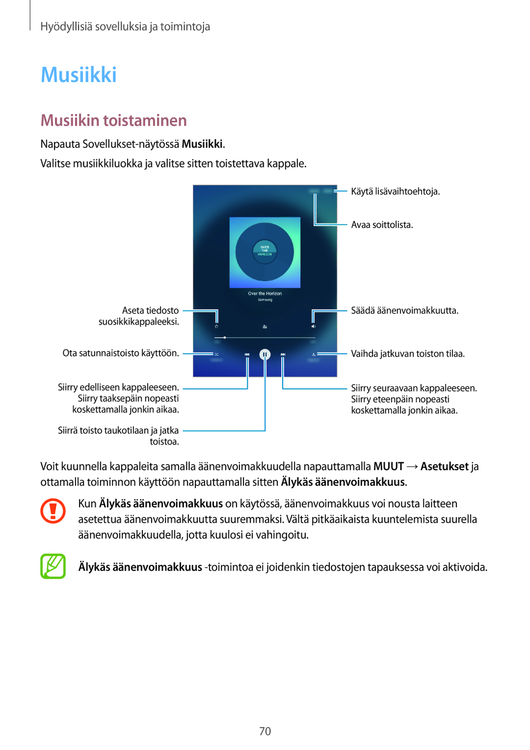 Samsung SM-P550NZBANEE, SM-P550NZWANEE, SM-P550NZAANEE, SM-T550NZWANEE manual Musiikki, Musiikin toistaminen 