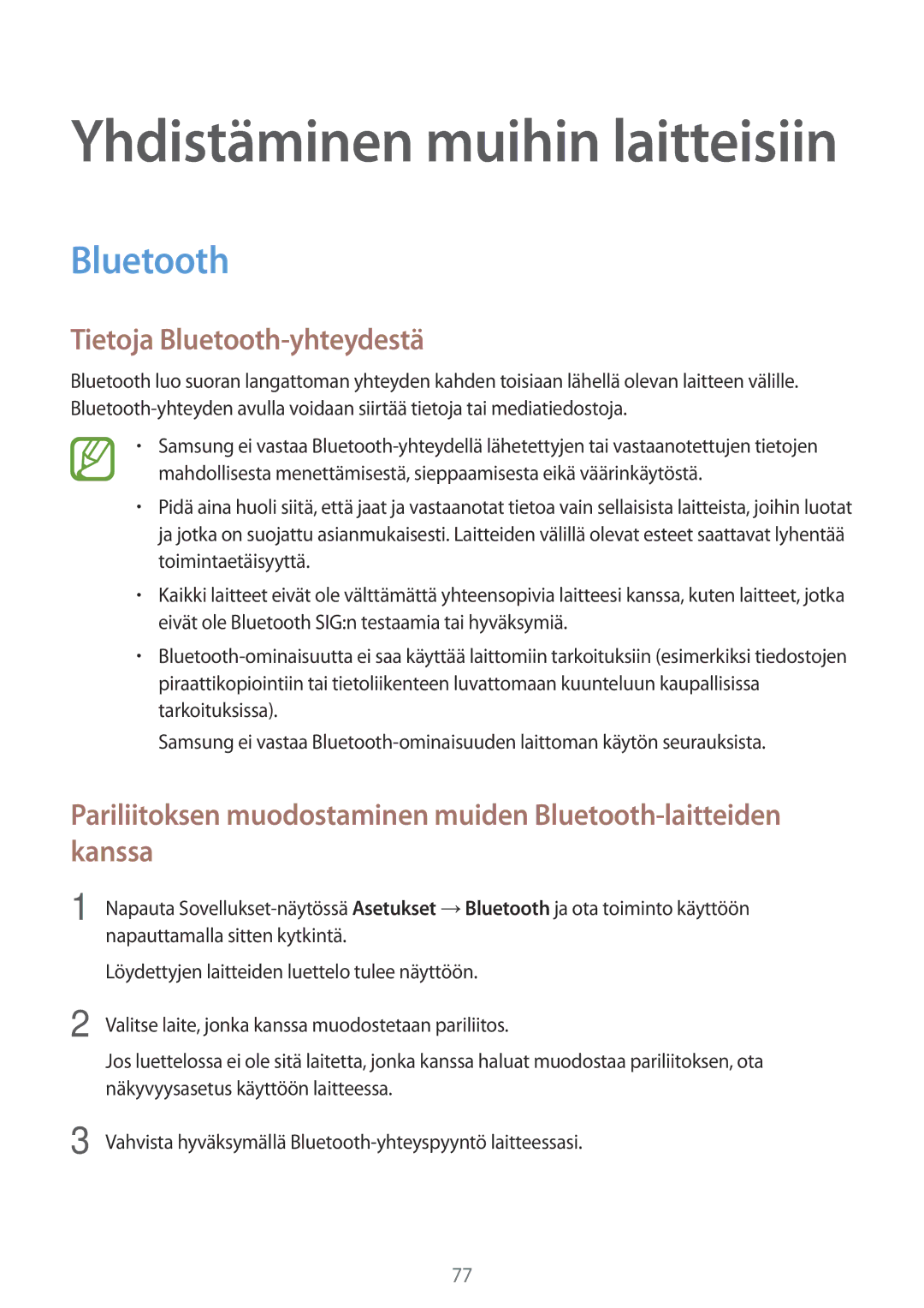 Samsung SM-P550NZAANEE, SM-P550NZWANEE, SM-P550NZBANEE, SM-T550NZWANEE manual Tietoja Bluetooth-yhteydestä 