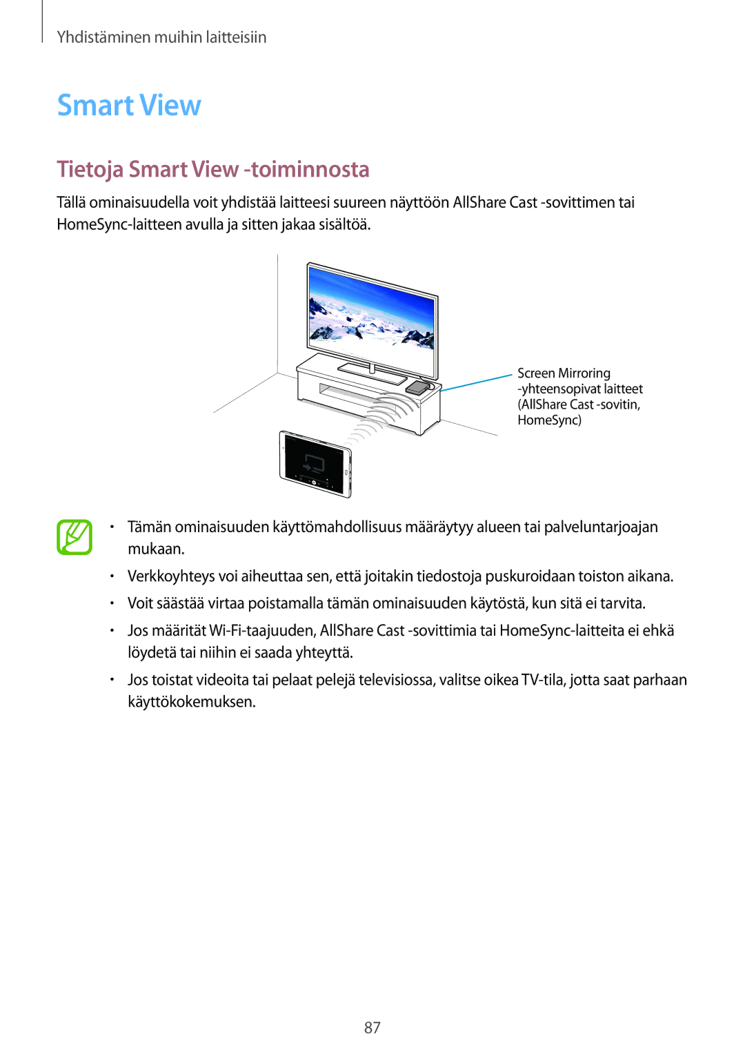 Samsung SM-T550NZWANEE, SM-P550NZWANEE, SM-P550NZAANEE, SM-P550NZBANEE manual Tietoja Smart View -toiminnosta 