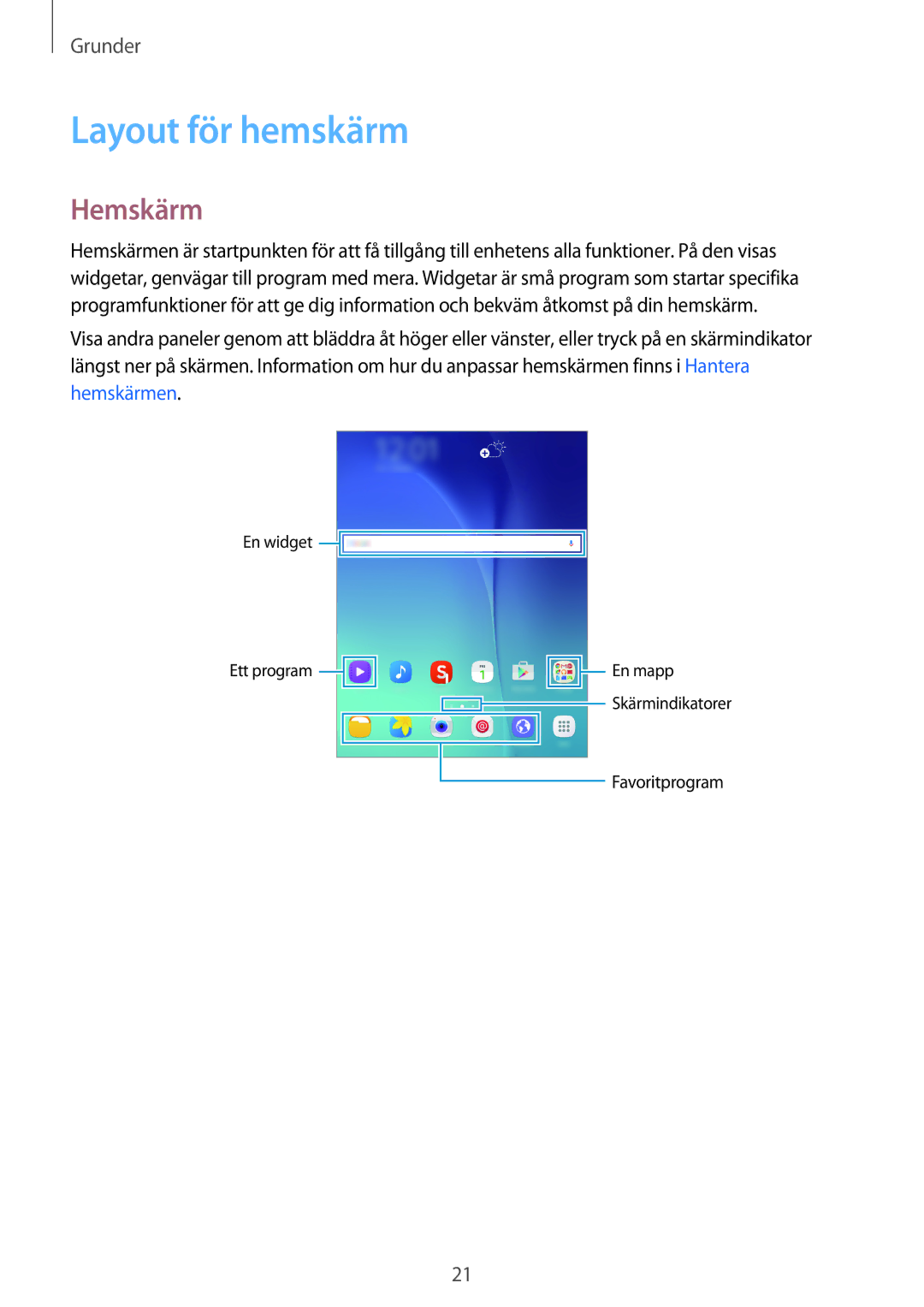 Samsung SM-P550NZAANEE, SM-P550NZWANEE, SM-P550NZBANEE, SM-T550NZWANEE manual Layout för hemskärm, Hemskärm 