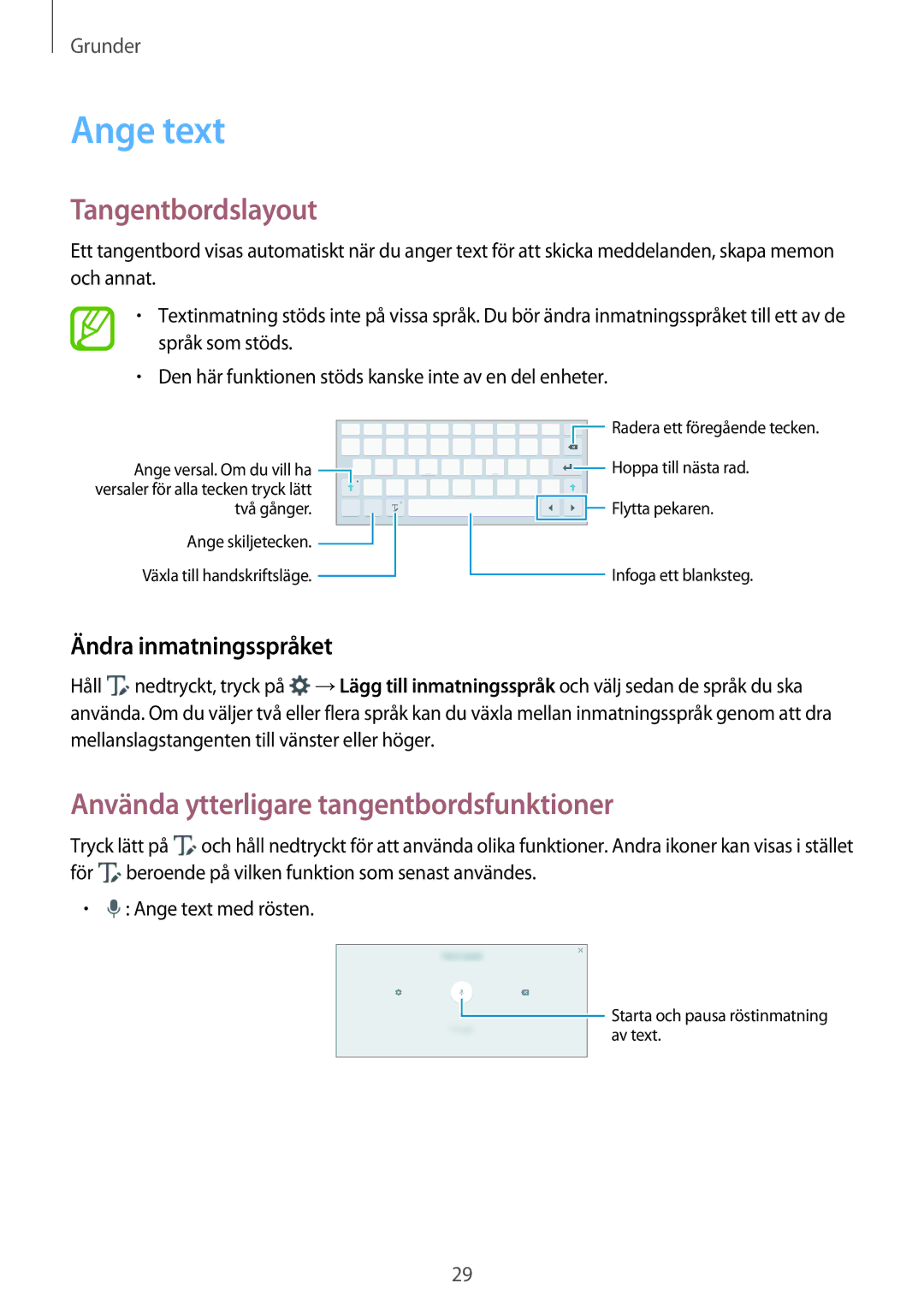 Samsung SM-P550NZAANEE Ange text, Tangentbordslayout, Använda ytterligare tangentbordsfunktioner, Ändra inmatningsspråket 