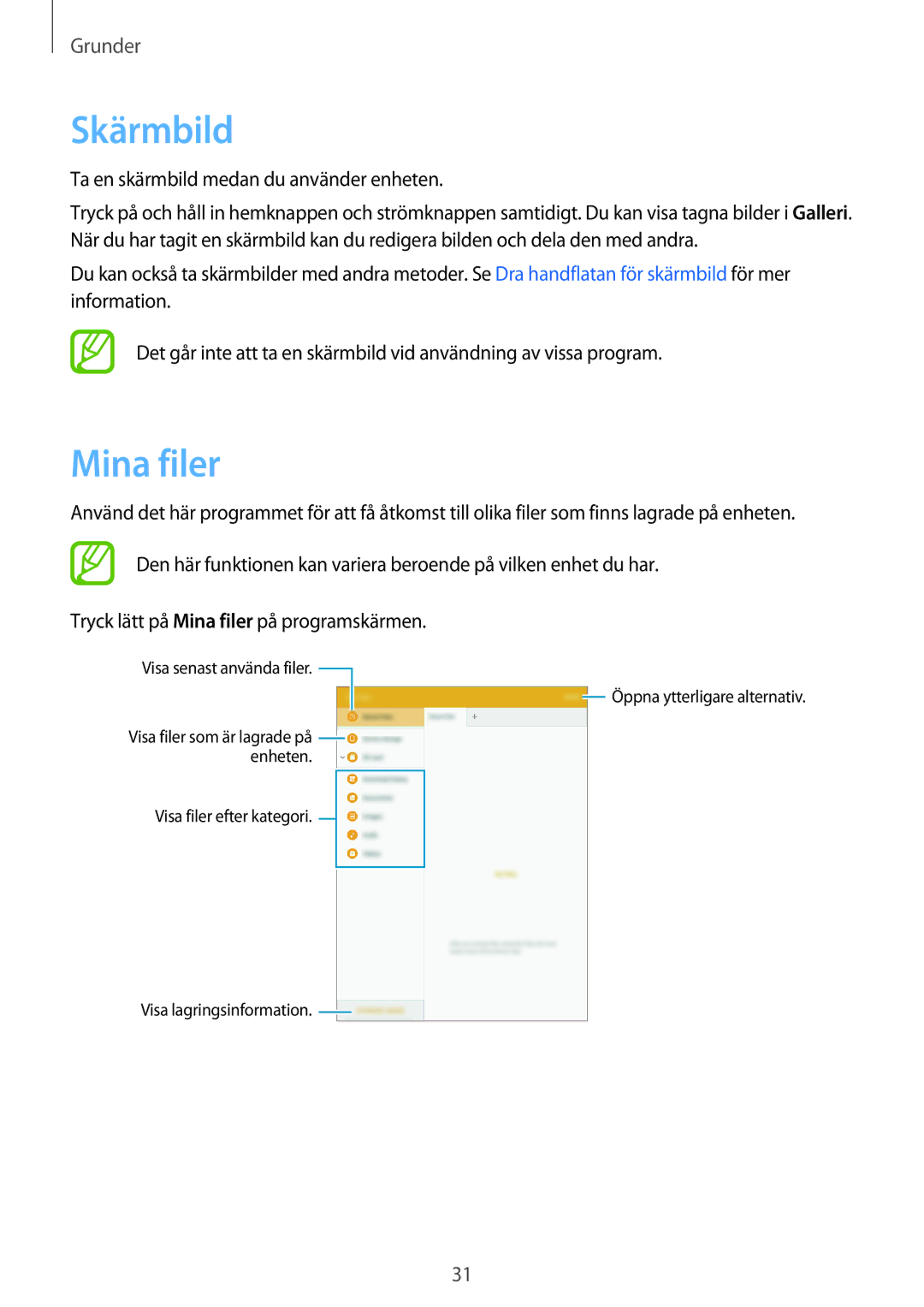 Samsung SM-T550NZWANEE, SM-P550NZWANEE, SM-P550NZAANEE, SM-P550NZBANEE manual Skärmbild, Mina filer 