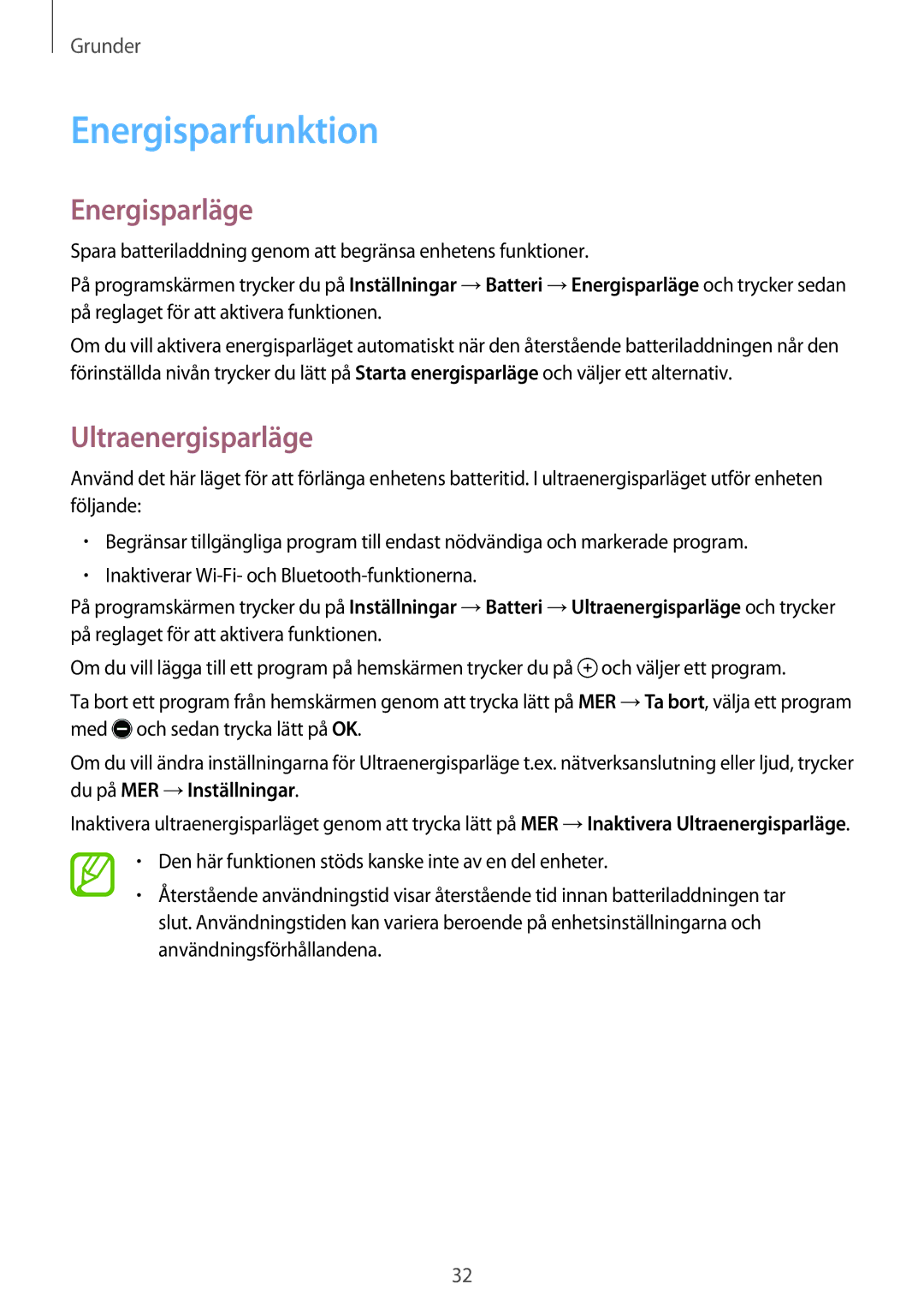 Samsung SM-P550NZWANEE, SM-P550NZAANEE, SM-P550NZBANEE manual Energisparfunktion, Energisparläge, Ultraenergisparläge 