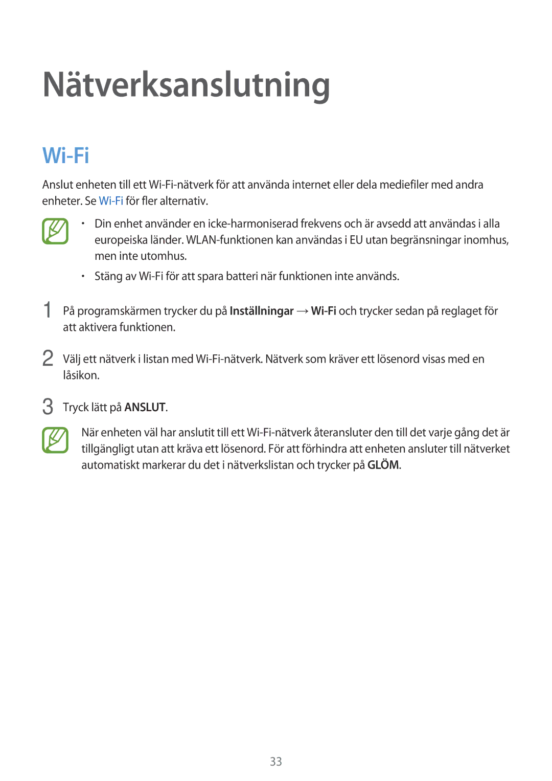 Samsung SM-P550NZAANEE, SM-P550NZWANEE, SM-P550NZBANEE, SM-T550NZWANEE manual Nätverksanslutning, Wi-Fi 