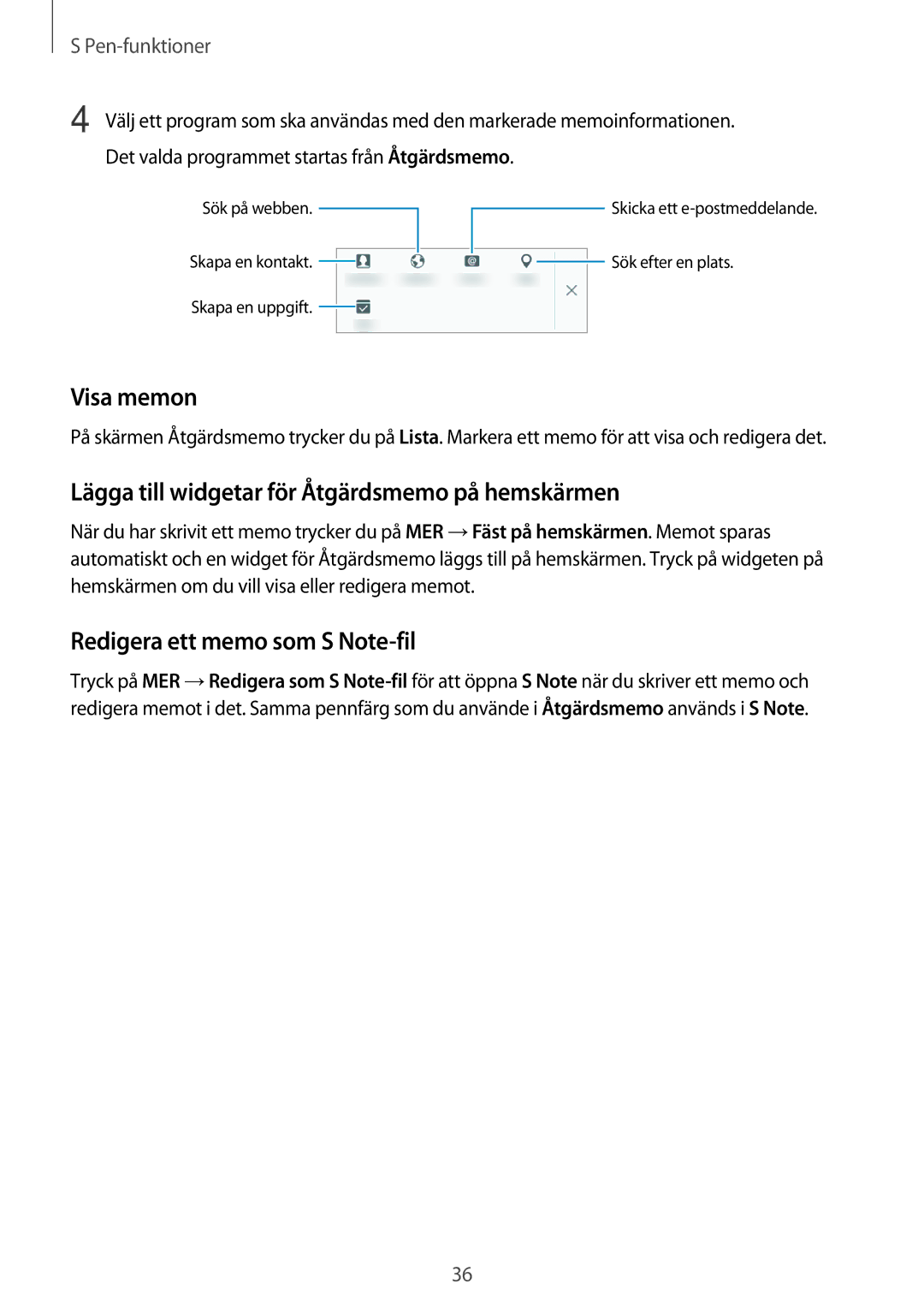 Samsung SM-P550NZWANEE Visa memon, Lägga till widgetar för Åtgärdsmemo på hemskärmen, Redigera ett memo som S Note-fil 