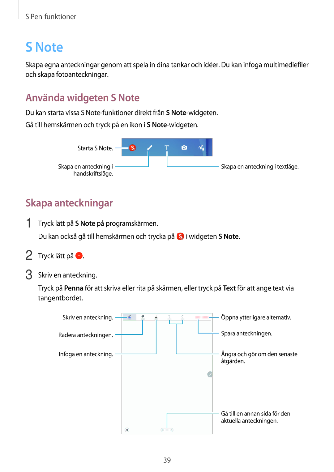 Samsung SM-T550NZWANEE, SM-P550NZWANEE, SM-P550NZAANEE, SM-P550NZBANEE manual Använda widgeten S Note, Skapa anteckningar 