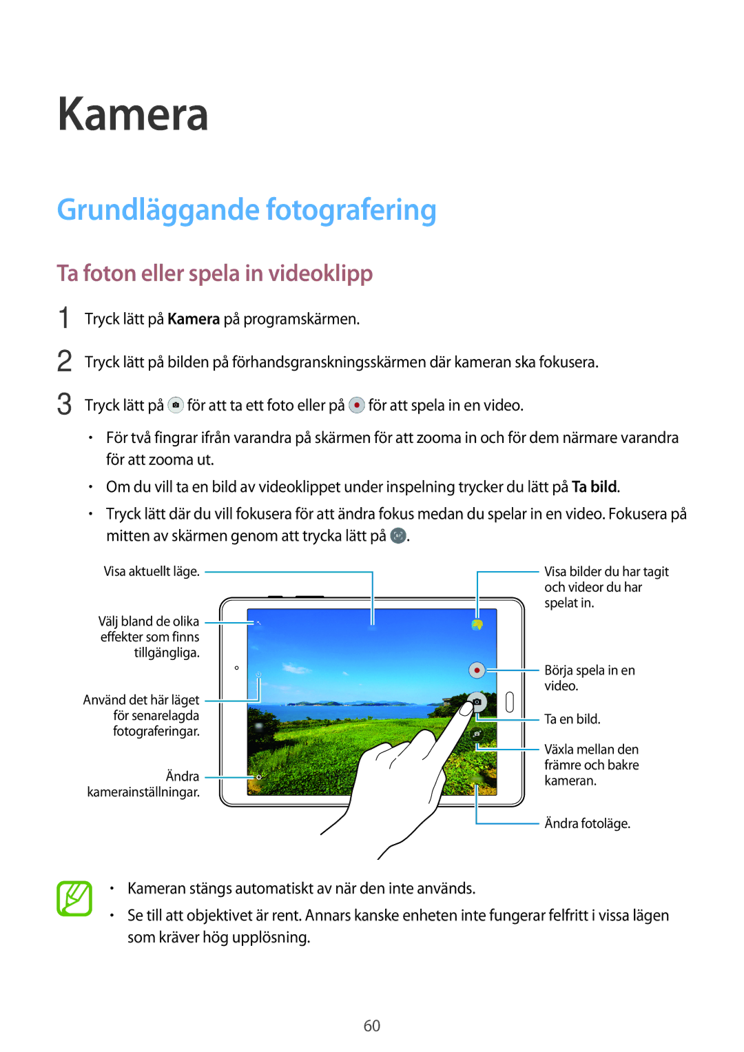 Samsung SM-P550NZWANEE, SM-P550NZAANEE manual Kamera, Grundläggande fotografering, Ta foton eller spela in videoklipp 