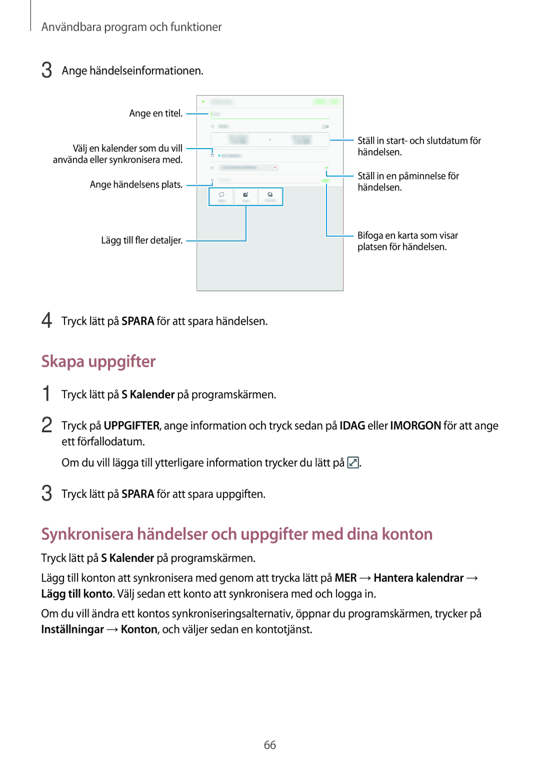 Samsung SM-P550NZBANEE, SM-P550NZWANEE manual Skapa uppgifter, Synkronisera händelser och uppgifter med dina konton 