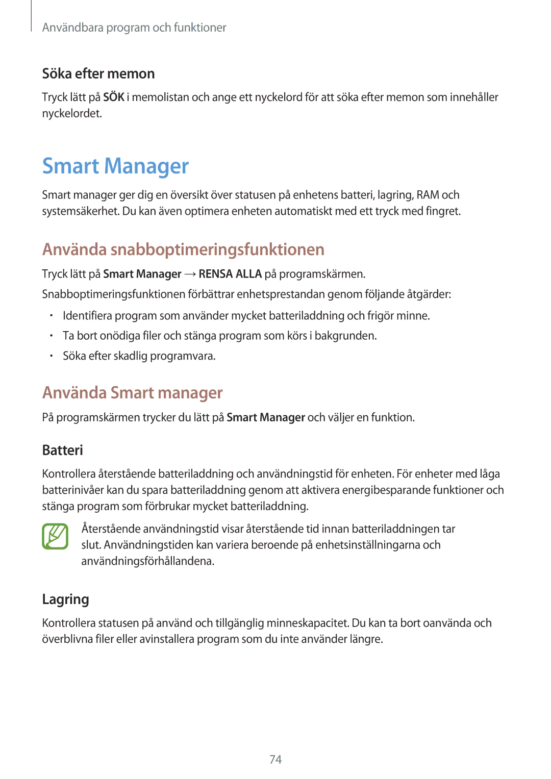 Samsung SM-P550NZBANEE, SM-P550NZWANEE manual Smart Manager, Använda snabboptimeringsfunktionen, Använda Smart manager 