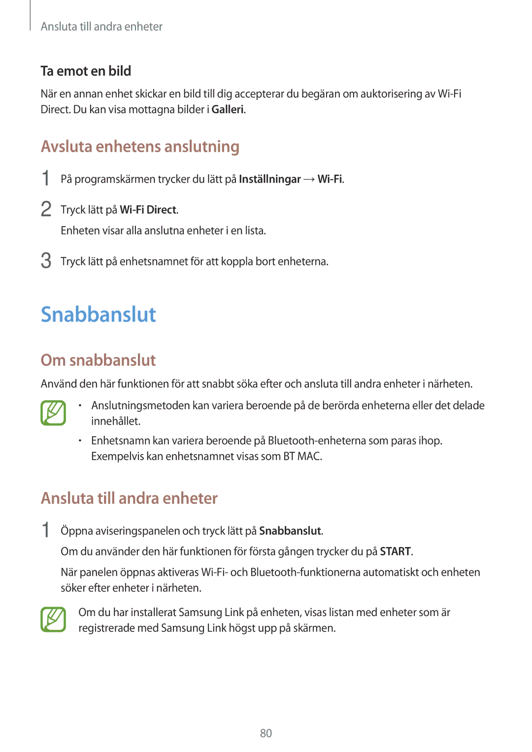 Samsung SM-P550NZWANEE, SM-P550NZAANEE, SM-P550NZBANEE manual Snabbanslut, Avsluta enhetens anslutning, Om snabbanslut 