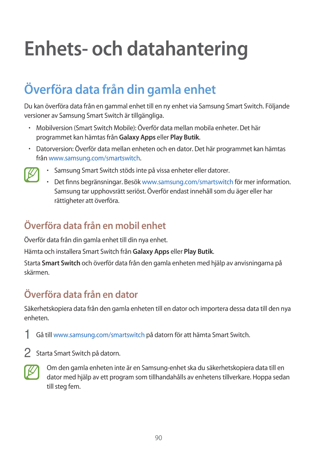 Samsung SM-P550NZBANEE Enhets- och datahantering, Överföra data från din gamla enhet, Överföra data från en mobil enhet 