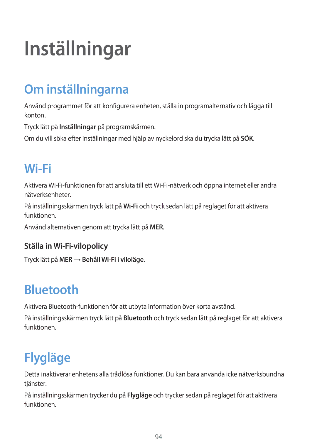 Samsung SM-P550NZBANEE, SM-P550NZWANEE manual Inställningar, Om inställningarna, Flygläge, Ställa in Wi-Fi-vilopolicy 