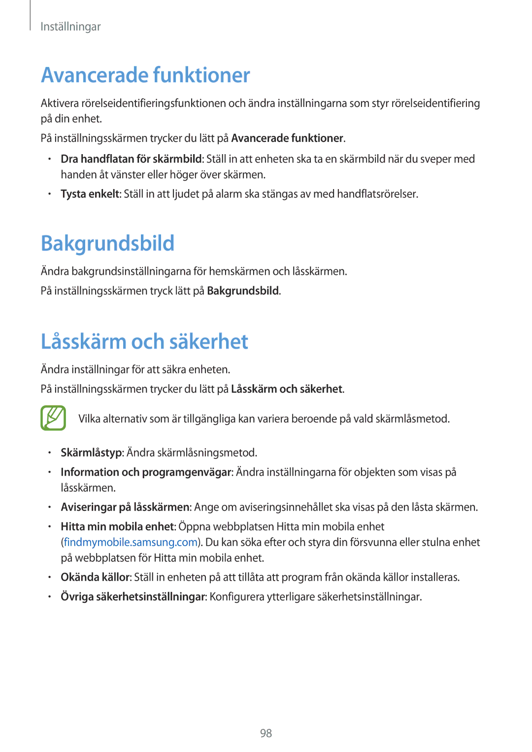 Samsung SM-P550NZBANEE, SM-P550NZWANEE, SM-P550NZAANEE, SM-T550NZWANEE manual Bakgrundsbild, Låsskärm och säkerhet 