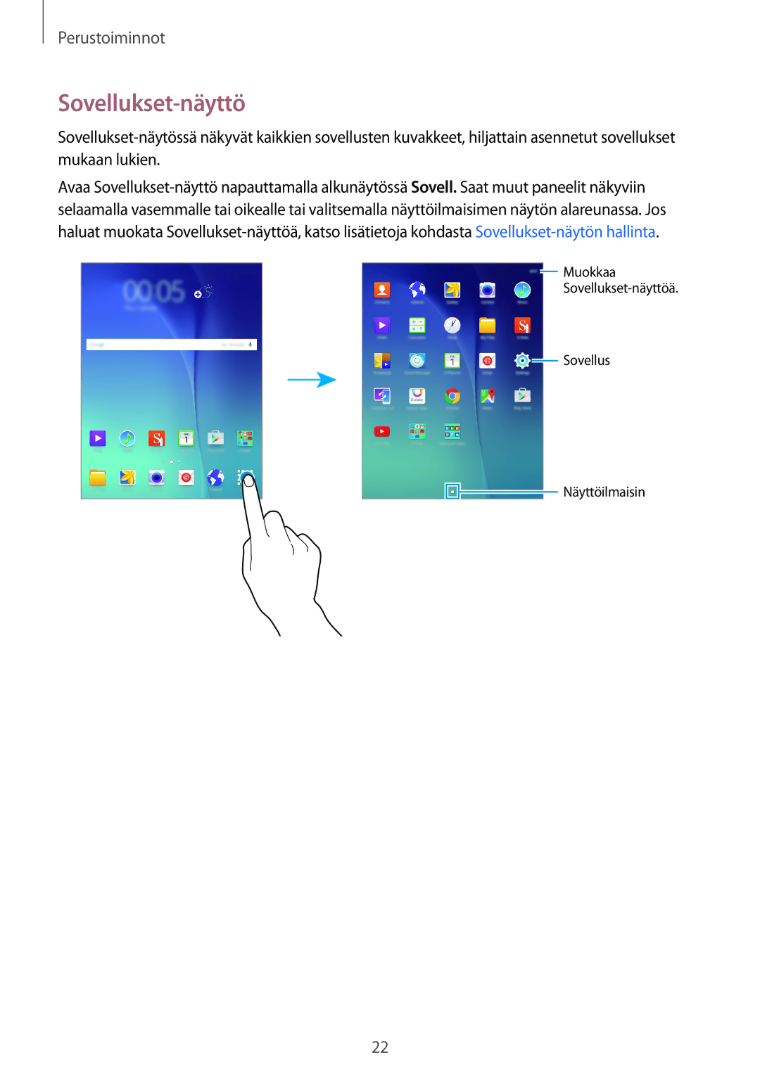 Samsung SM-P550NZAANEE, SM-P550NZWANEE, SM-P550NZBANEE manual Sovellukset-näyttö 