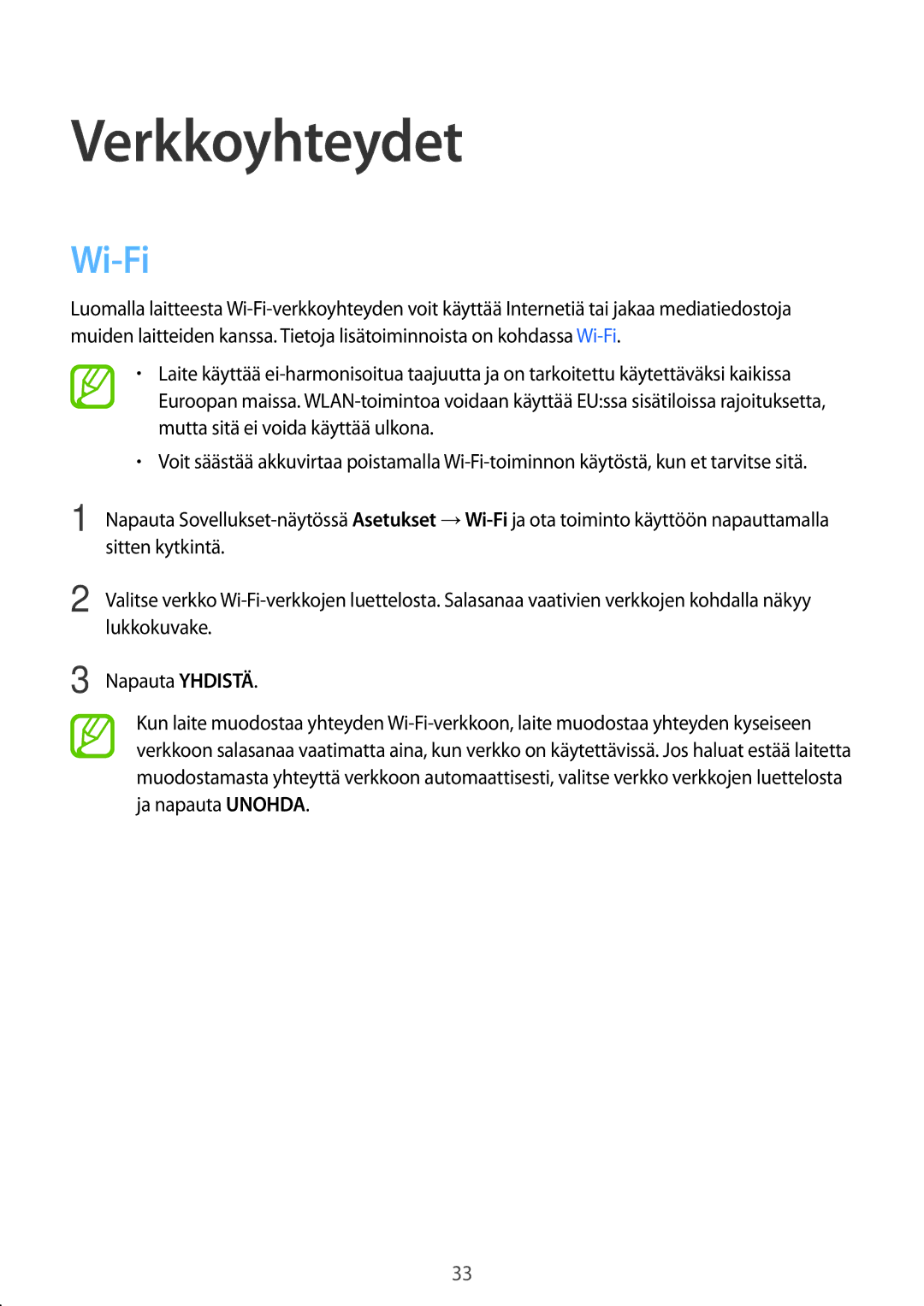 Samsung SM-P550NZWANEE, SM-P550NZAANEE, SM-P550NZBANEE manual Verkkoyhteydet, Wi-Fi 