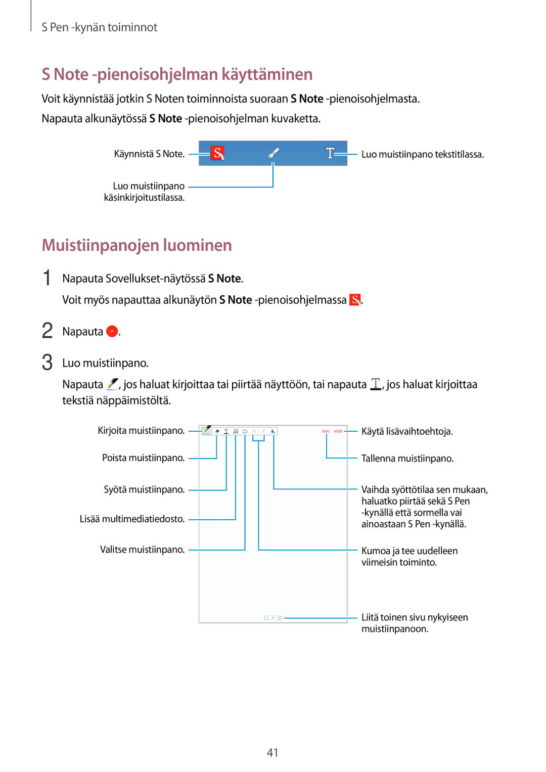 Samsung SM-P550NZBANEE, SM-P550NZWANEE, SM-P550NZAANEE manual Muistiinpanojen luominen 