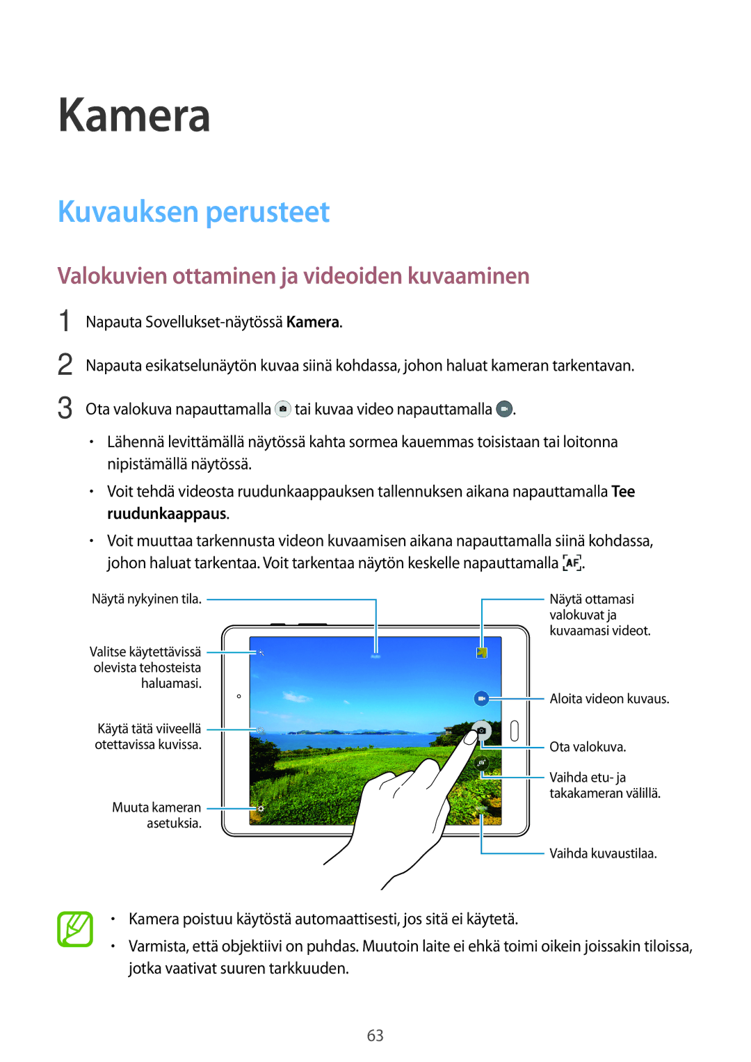 Samsung SM-P550NZWANEE, SM-P550NZAANEE manual Kamera, Kuvauksen perusteet, Valokuvien ottaminen ja videoiden kuvaaminen 