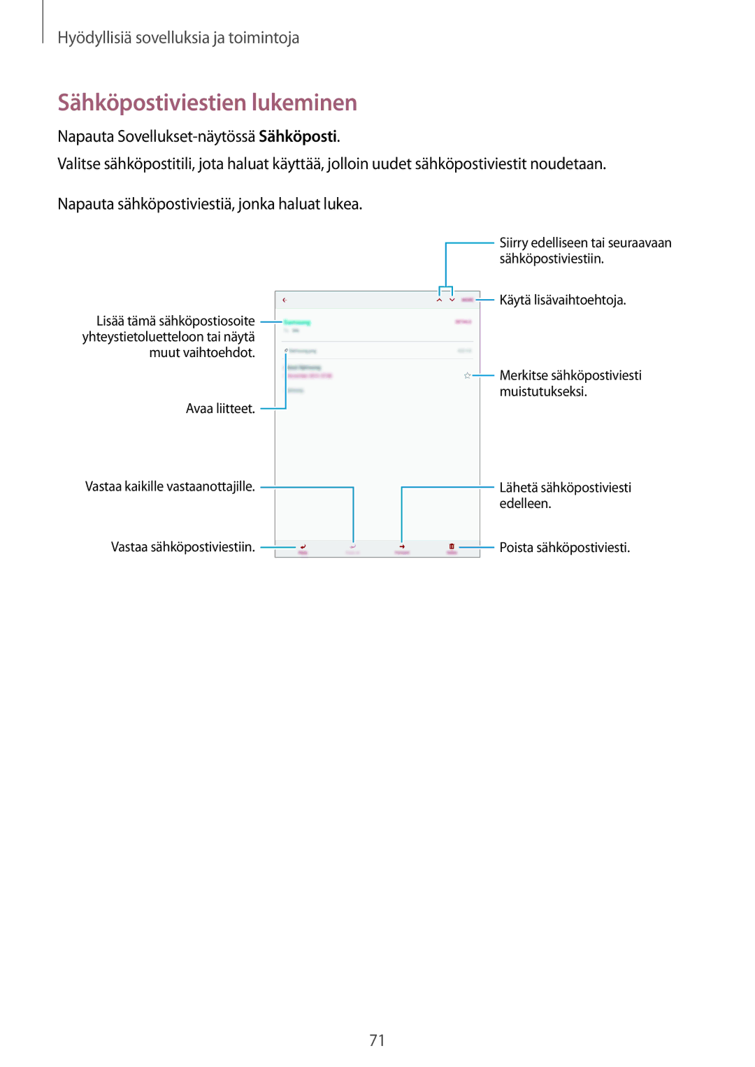 Samsung SM-P550NZBANEE, SM-P550NZWANEE, SM-P550NZAANEE manual Sähköpostiviestien lukeminen 