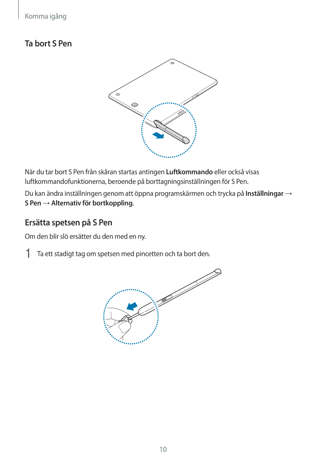 Samsung SM-P550NZAANEE, SM-P550NZWANEE, SM-P550NZBANEE manual Ta bort S Pen, Ersätta spetsen på S Pen 