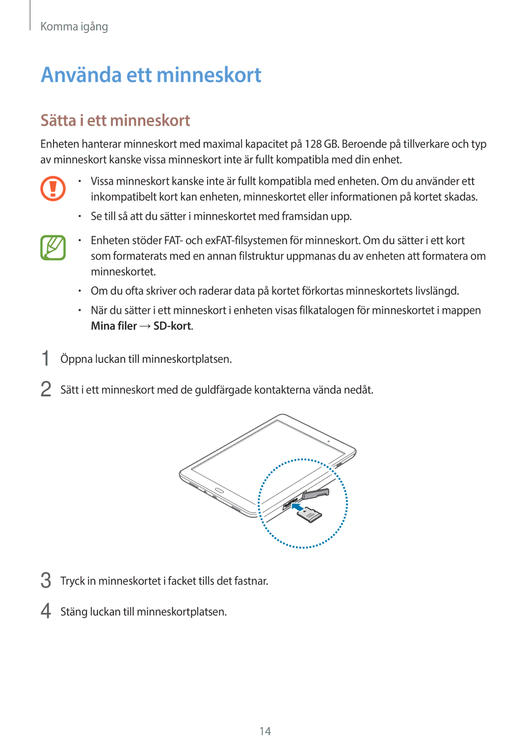 Samsung SM-P550NZBANEE, SM-P550NZWANEE, SM-P550NZAANEE manual Använda ett minneskort, Sätta i ett minneskort 