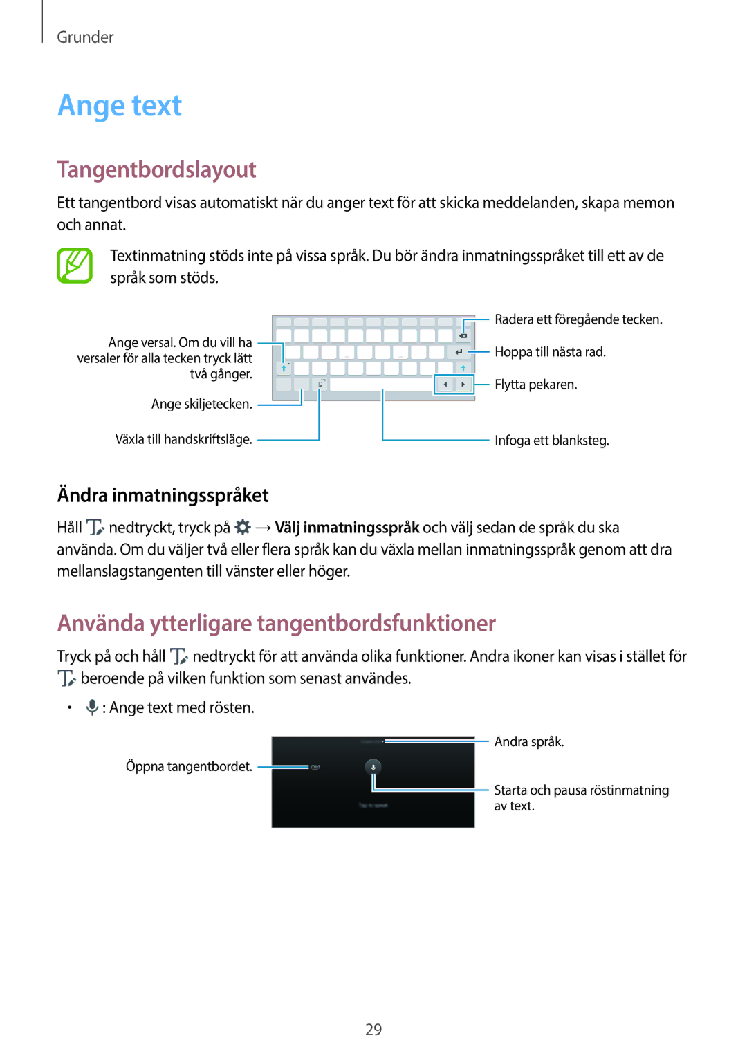 Samsung SM-P550NZBANEE Ange text, Tangentbordslayout, Använda ytterligare tangentbordsfunktioner, Ändra inmatningsspråket 