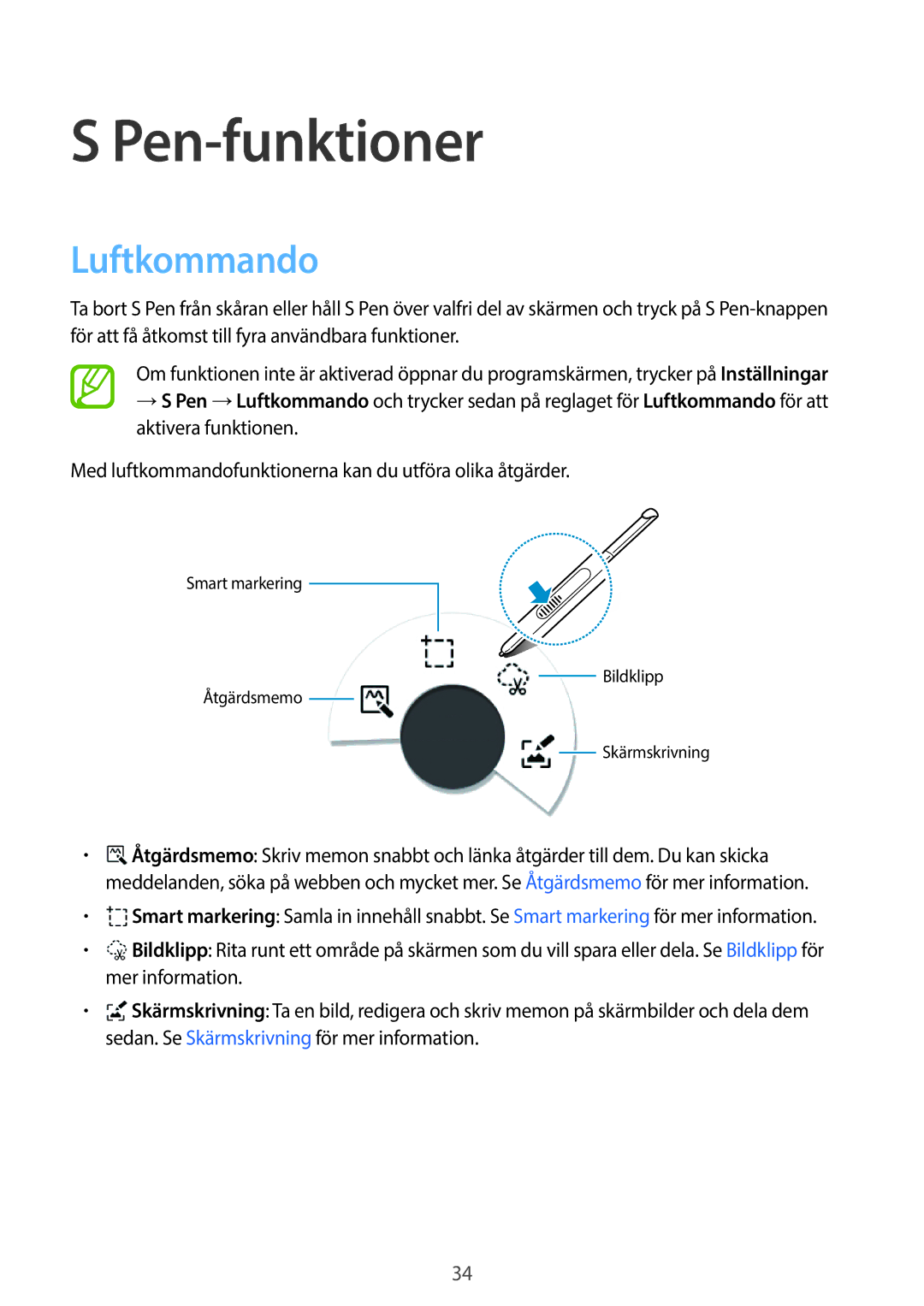 Samsung SM-P550NZAANEE, SM-P550NZWANEE, SM-P550NZBANEE manual Pen-funktioner, Luftkommando 