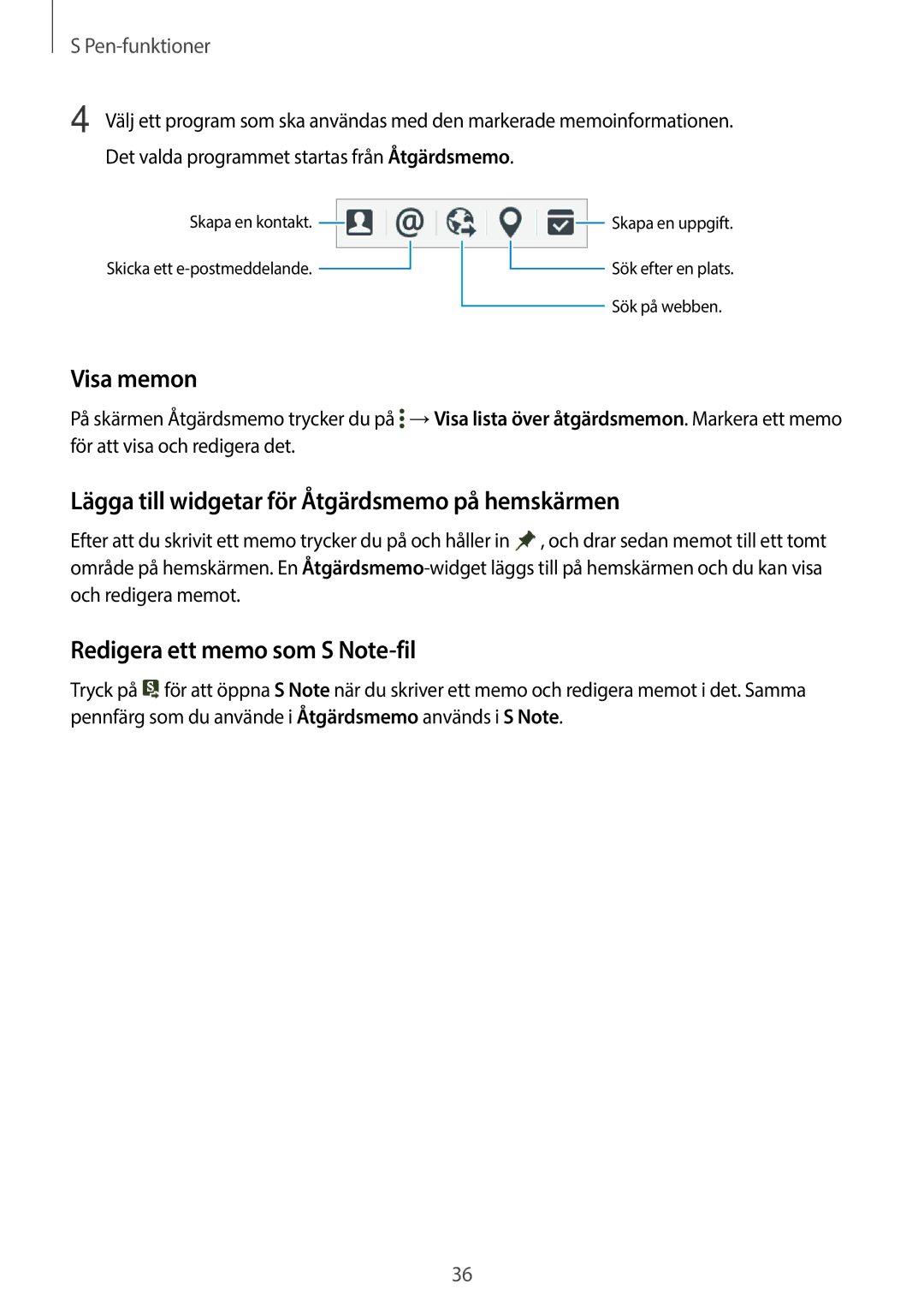 Samsung SM-P550NZWANEE Visa memon, Lägga till widgetar för Åtgärdsmemo på hemskärmen, Redigera ett memo som S Note-fil 