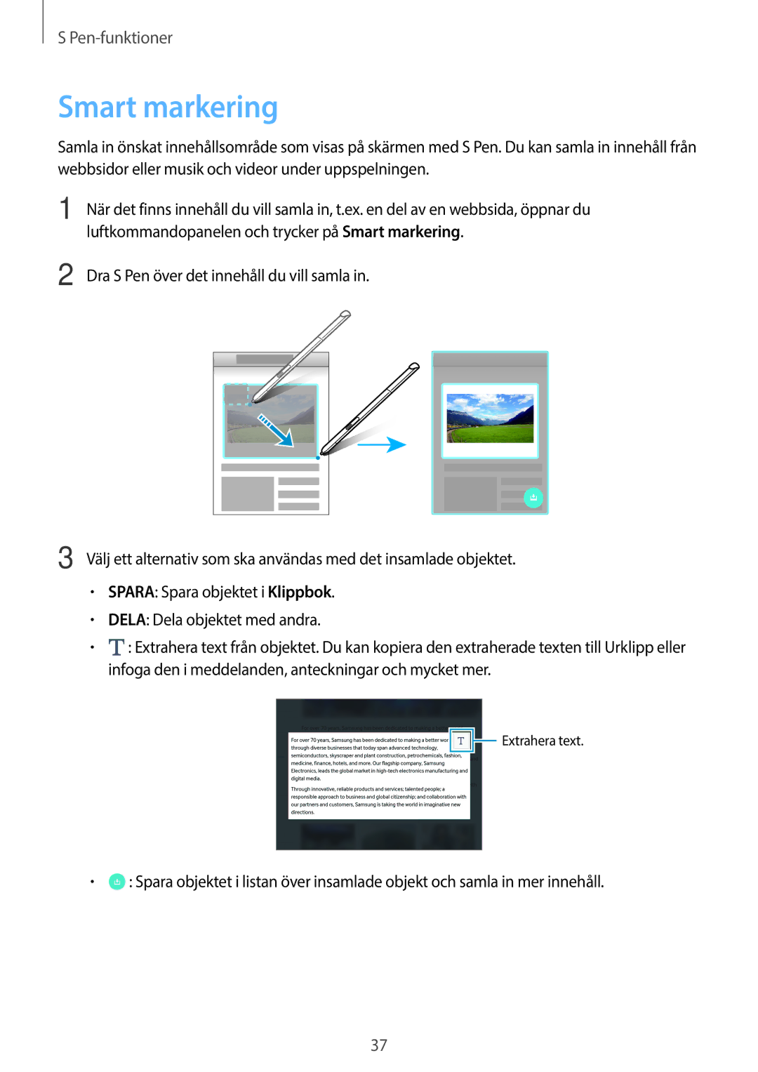 Samsung SM-P550NZAANEE Luftkommandopanelen och trycker på Smart markering, Dra S Pen över det innehåll du vill samla 