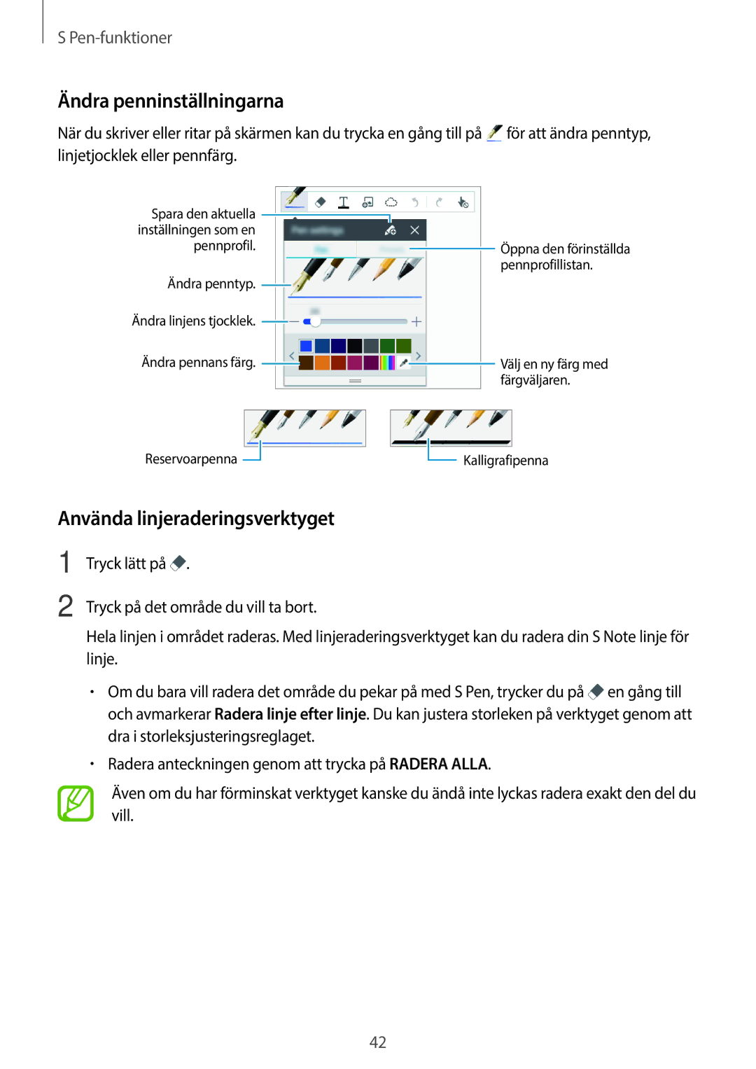 Samsung SM-P550NZWANEE, SM-P550NZAANEE, SM-P550NZBANEE manual Ändra penninställningarna, Använda linjeraderingsverktyget 