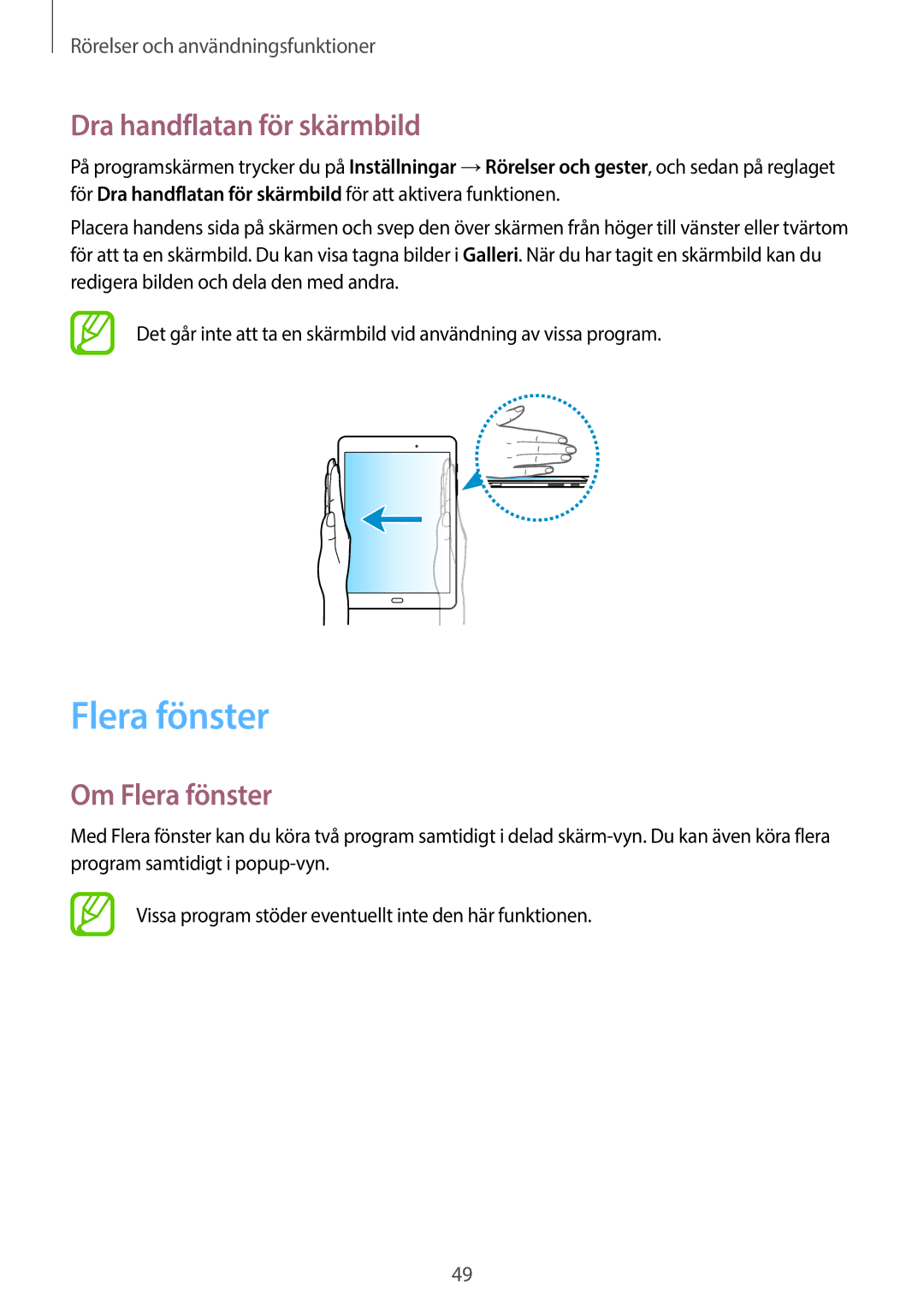 Samsung SM-P550NZAANEE, SM-P550NZWANEE, SM-P550NZBANEE manual Dra handflatan för skärmbild, Om Flera fönster 