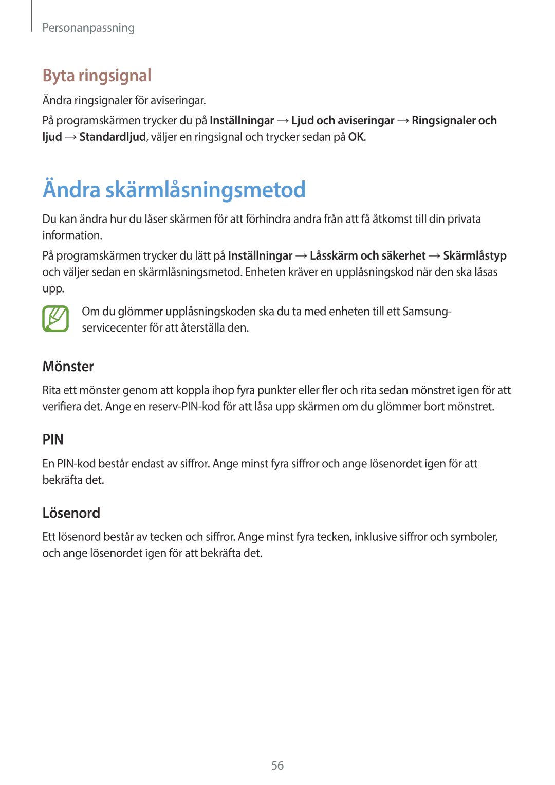 Samsung SM-P550NZBANEE Ändra skärmlåsningsmetod, Byta ringsignal, Mönster, Lösenord, Ändra ringsignaler för aviseringar 