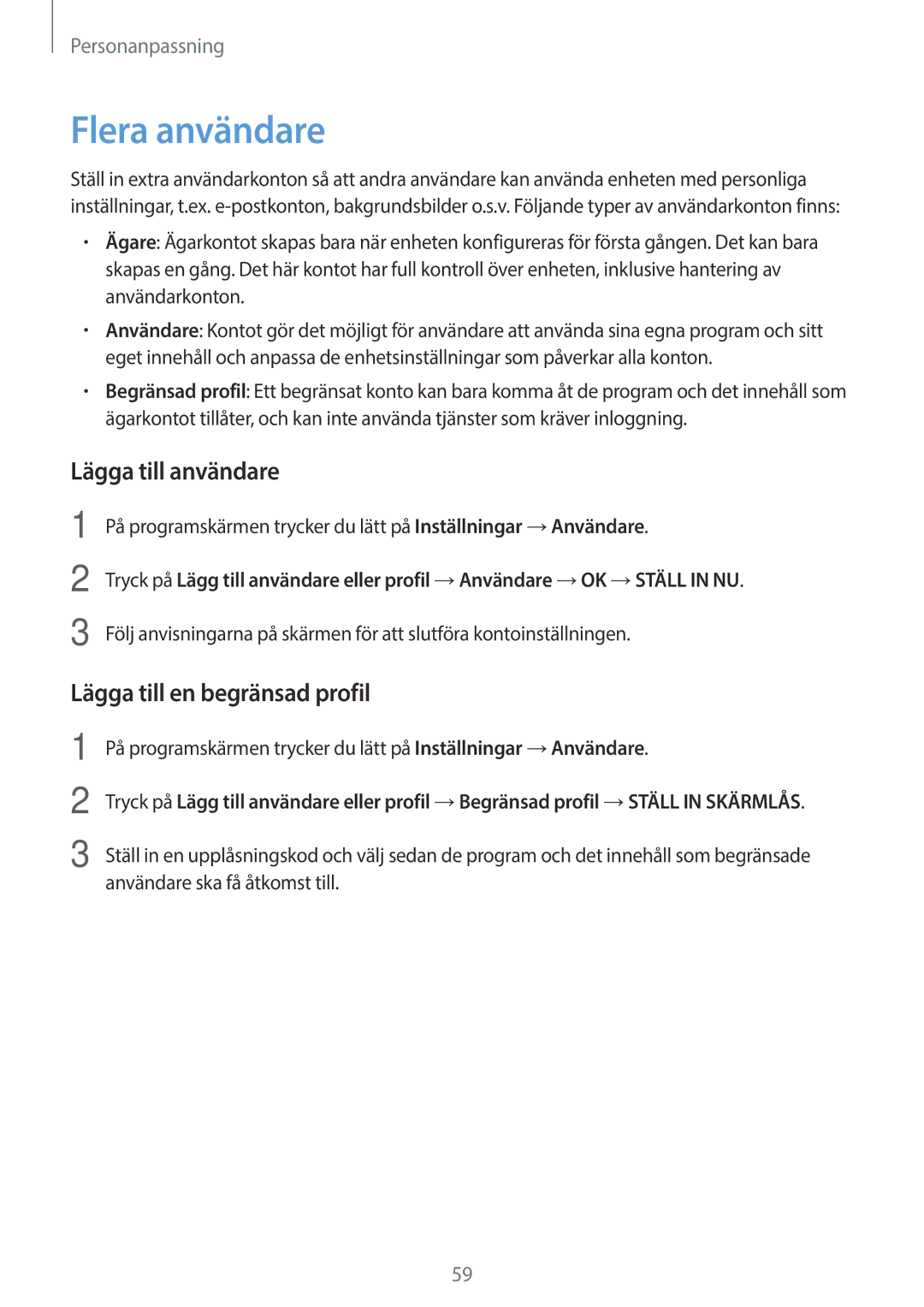 Samsung SM-P550NZBANEE, SM-P550NZWANEE manual Flera användare, Lägga till användare, Lägga till en begränsad profil 