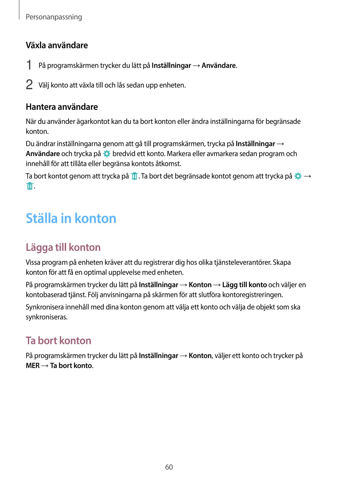 Samsung SM-P550NZWANEE manual Ställa in konton, Lägga till konton, Ta bort konton, Växla användare, Hantera användare 