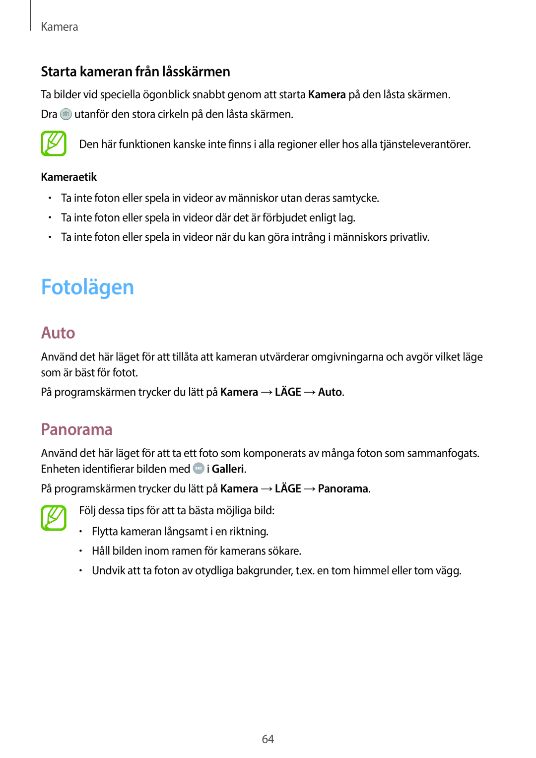Samsung SM-P550NZAANEE, SM-P550NZWANEE, SM-P550NZBANEE manual Fotolägen, Auto, Panorama, Starta kameran från låsskärmen 